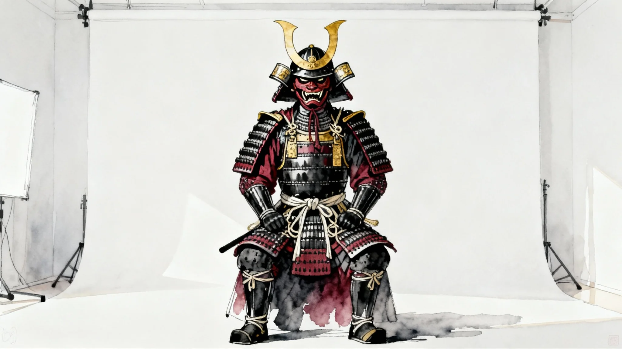 A detailed and artistic drawing of a full suit of red and black samurai armor displayed against a plain white background.