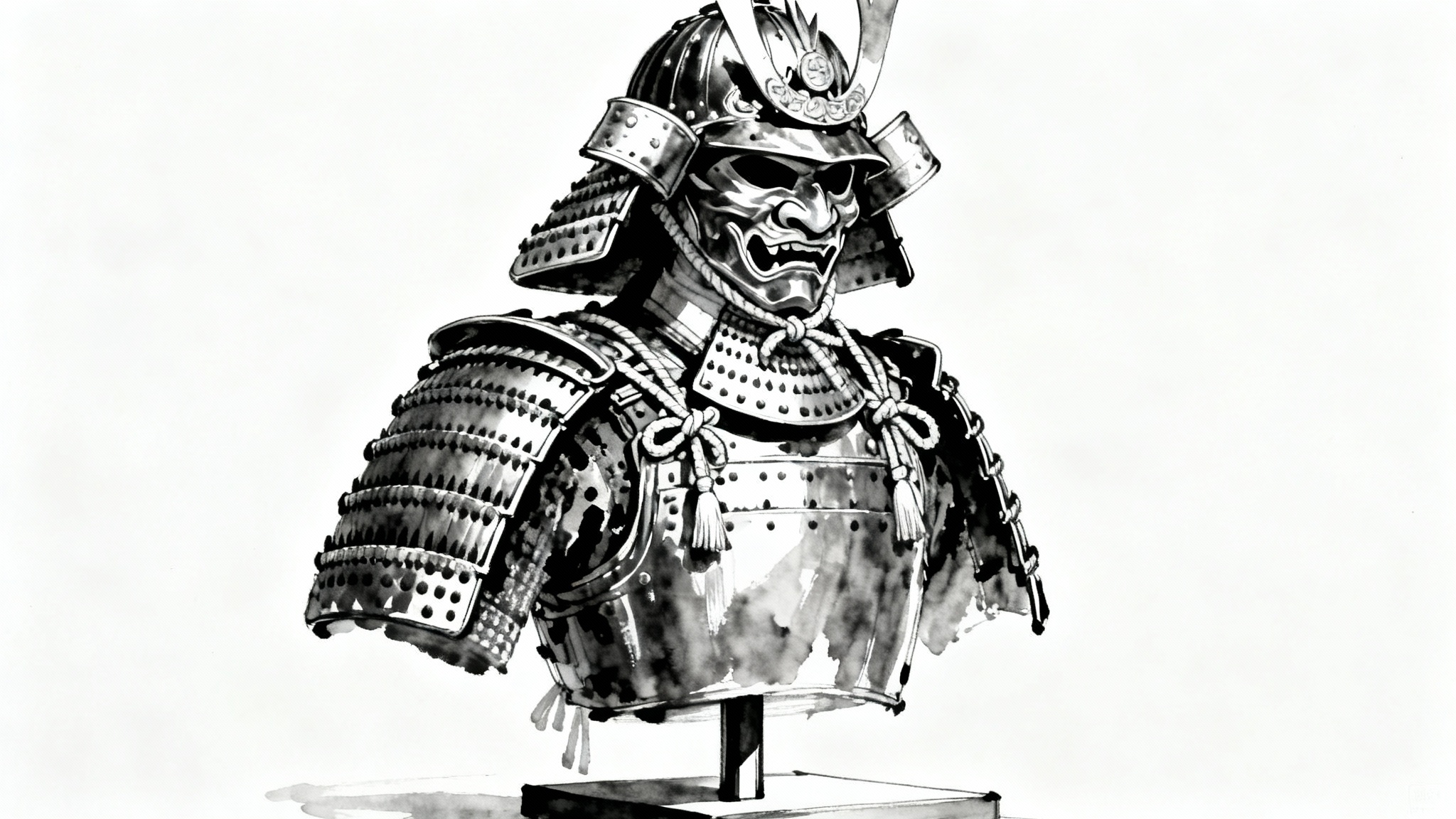 A detailed artistic drawing of a full suit of samurai armor, including the helmet and mask, presented on a stand against a plain white background.