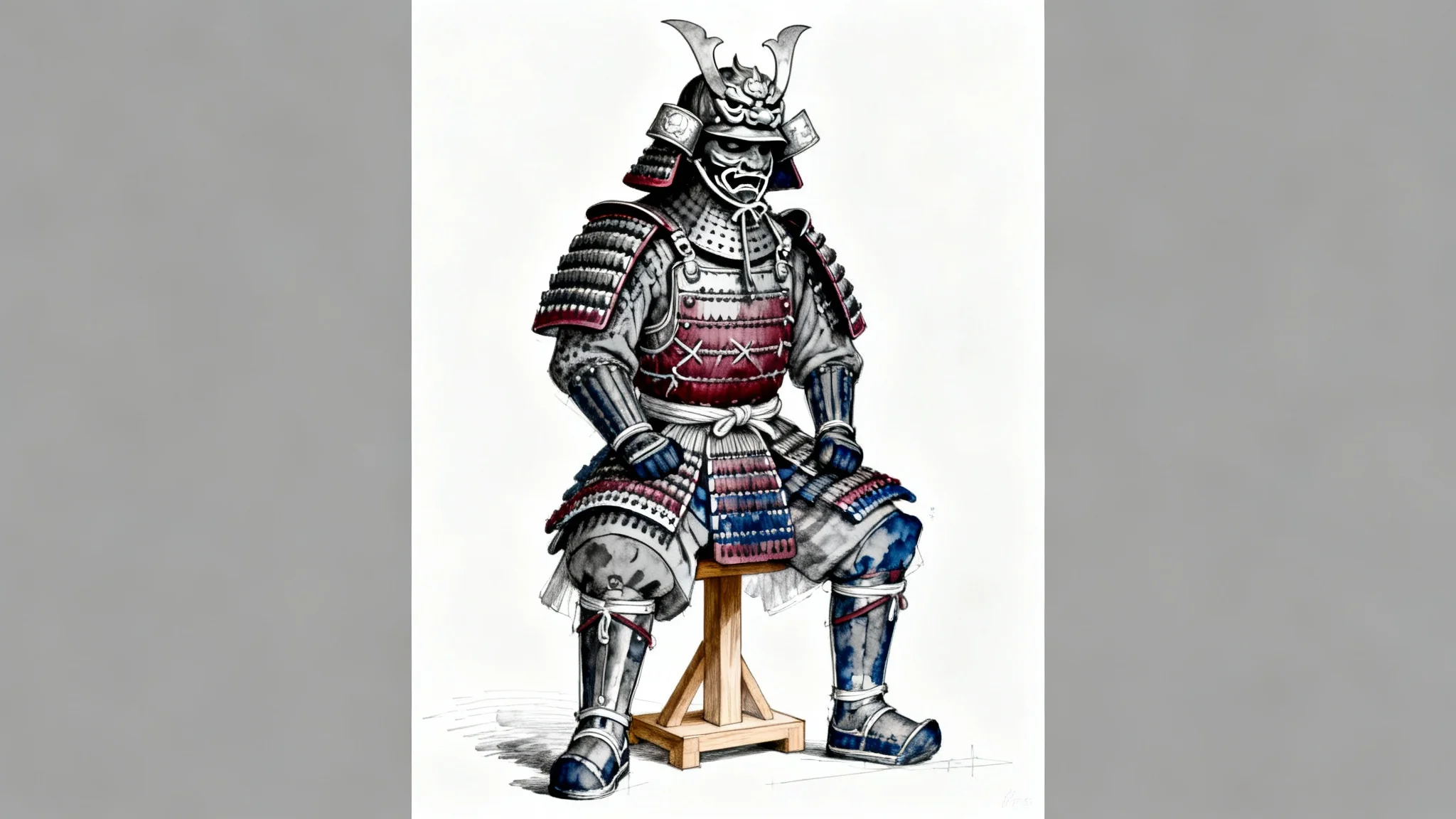 A detailed, artistic drawing of a full suit of Japanese samurai armor, displayed on a stand against a plain white background.