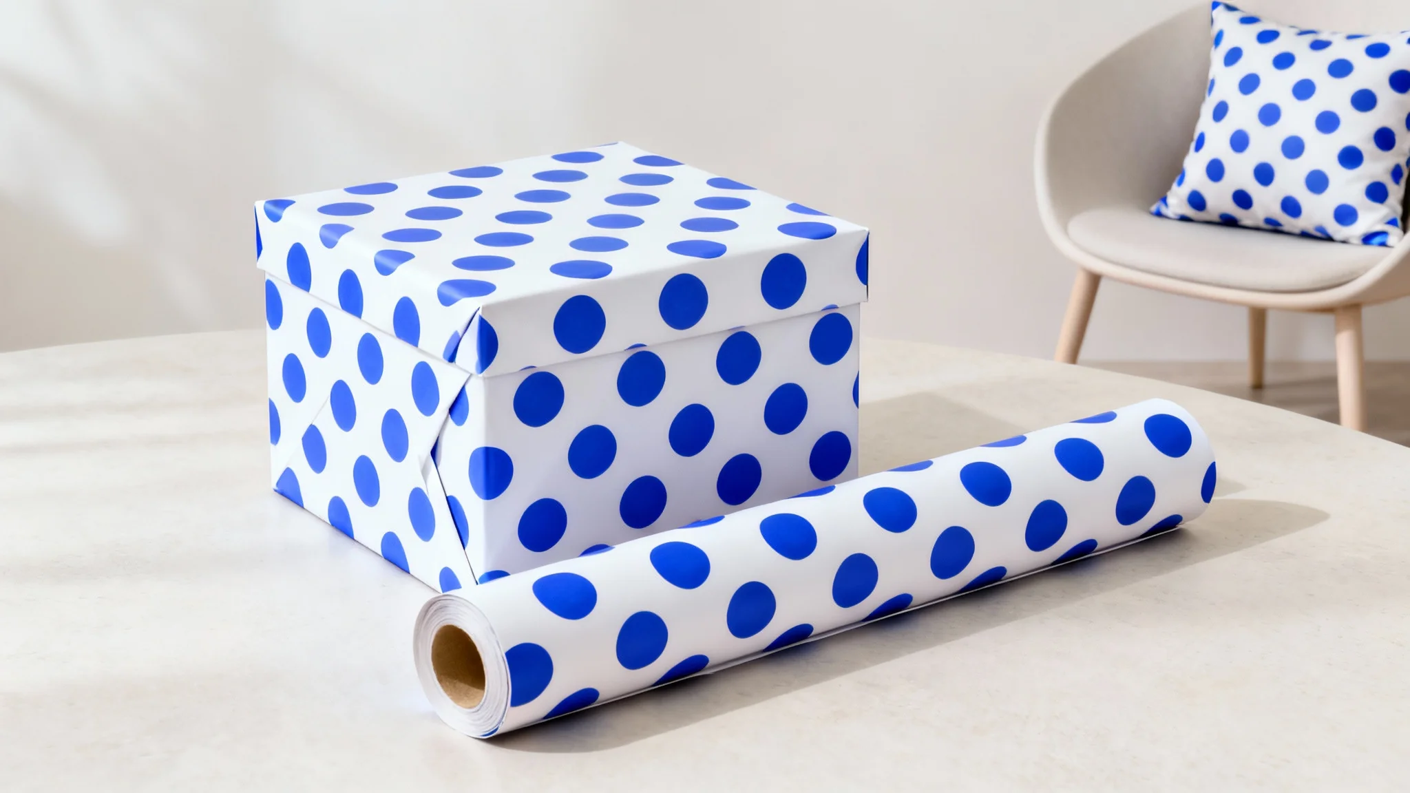 A hero image showcasing a seamless pattern of blue polka dots on white, applied to a roll of wrapping paper and a gift box in a clean, modern setting.