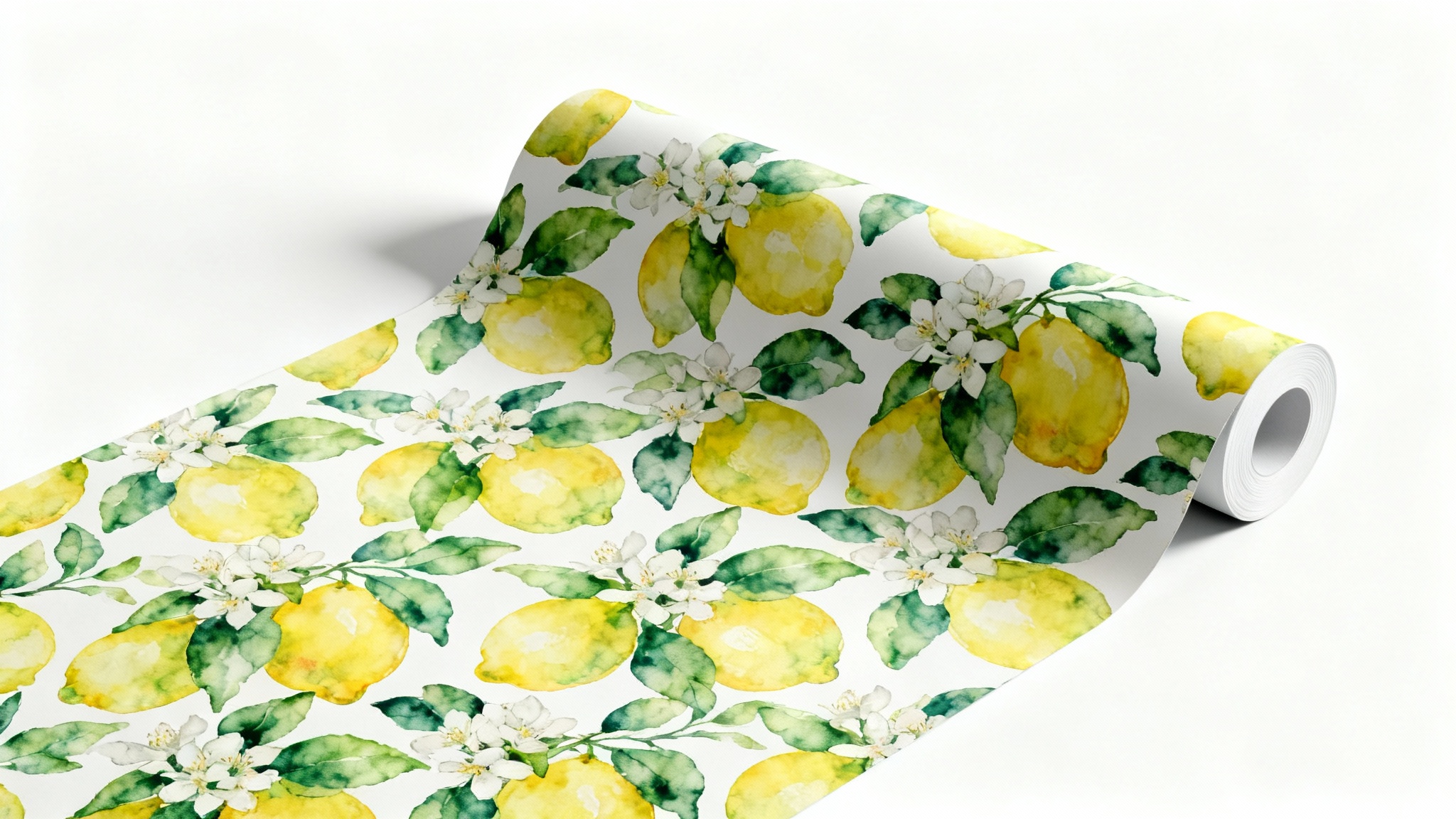 A roll of wallpaper unfurling to display a seamless, repeating pattern of watercolor lemons and leaves against a clean white background.