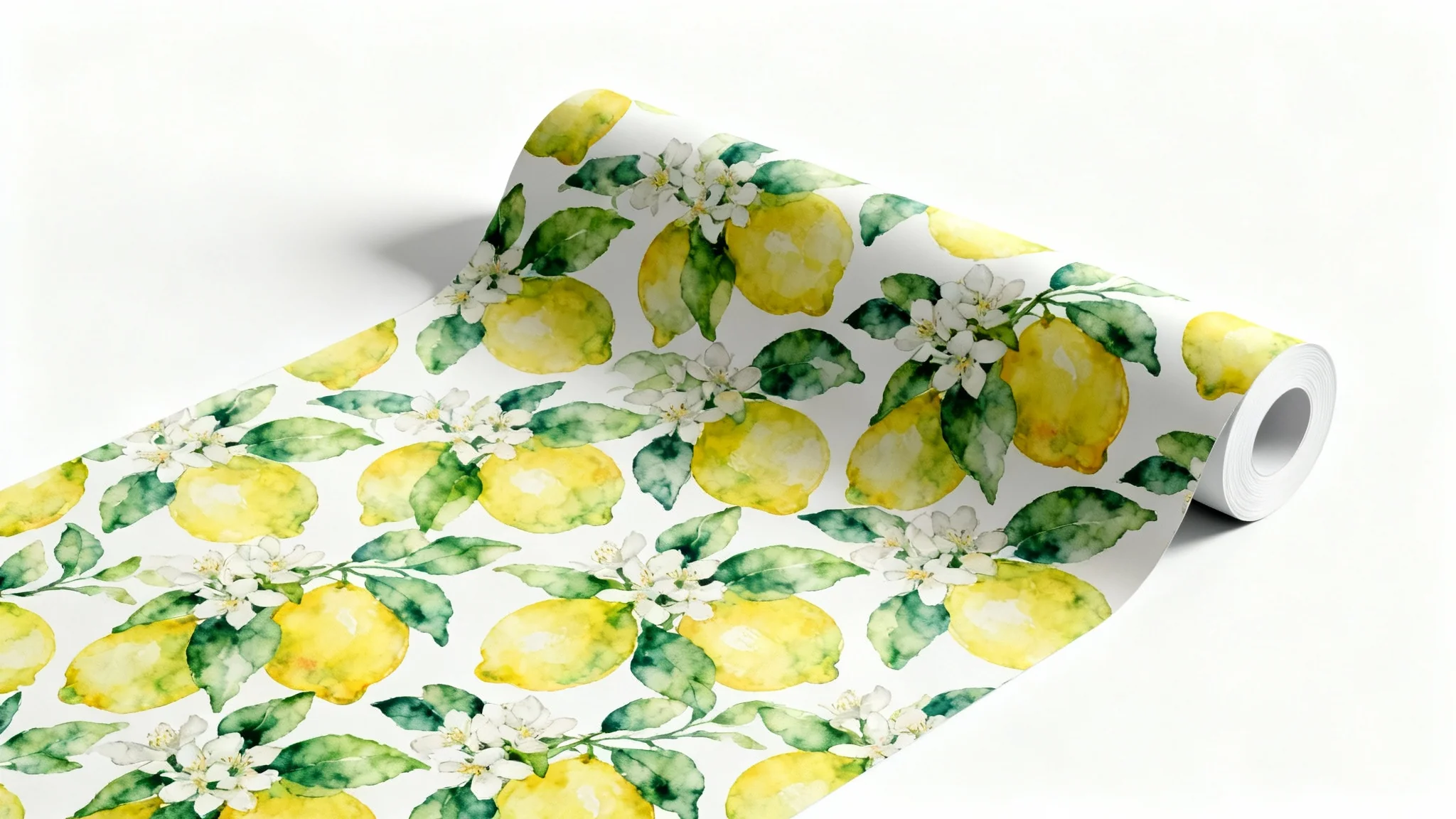 A roll of wallpaper unfurling to display a seamless, repeating pattern of watercolor lemons and leaves against a clean white background.