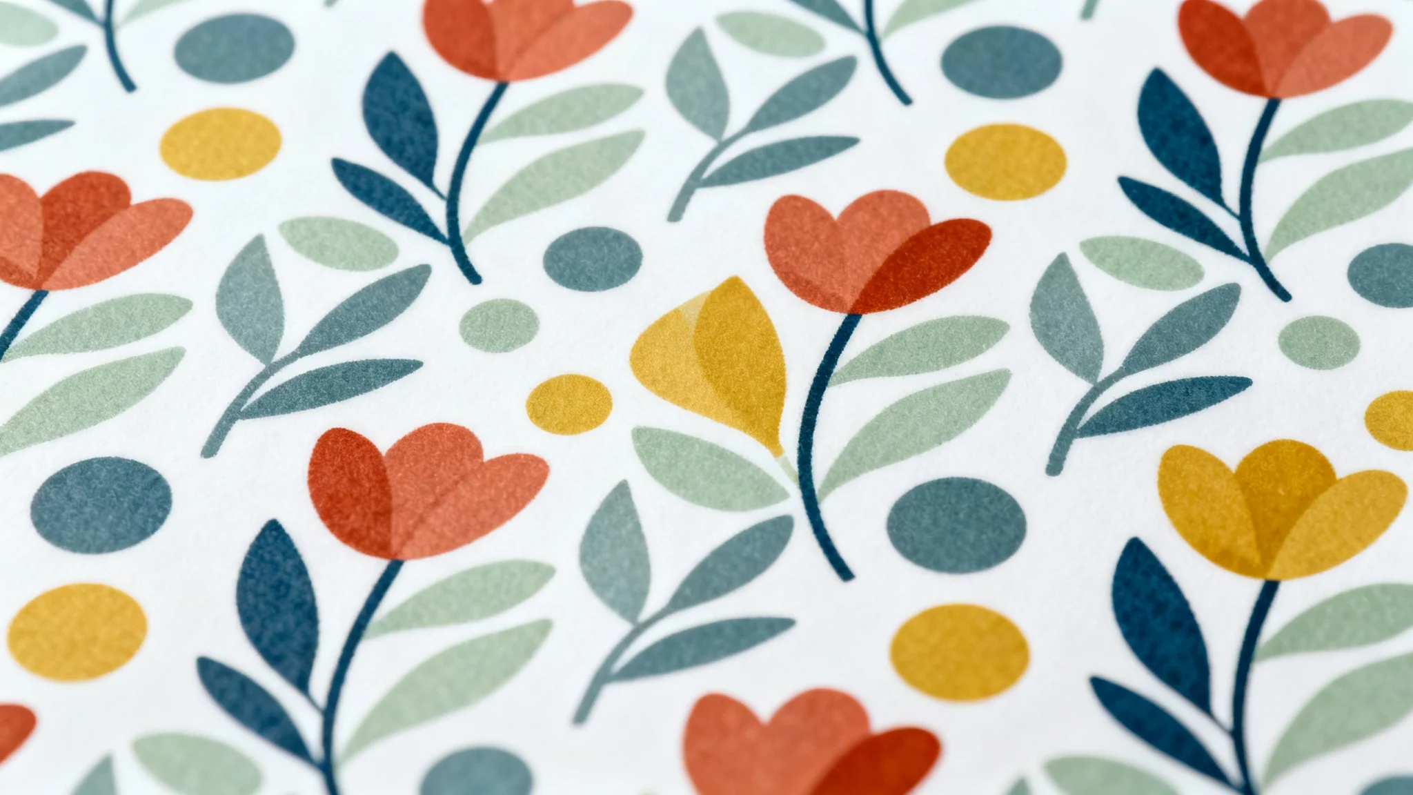 A close-up of a modern, seamless pattern featuring stylized leaves and geometric shapes in a color palette of terracotta, sage green, and mustard yellow, repeating perfectly against a white background.