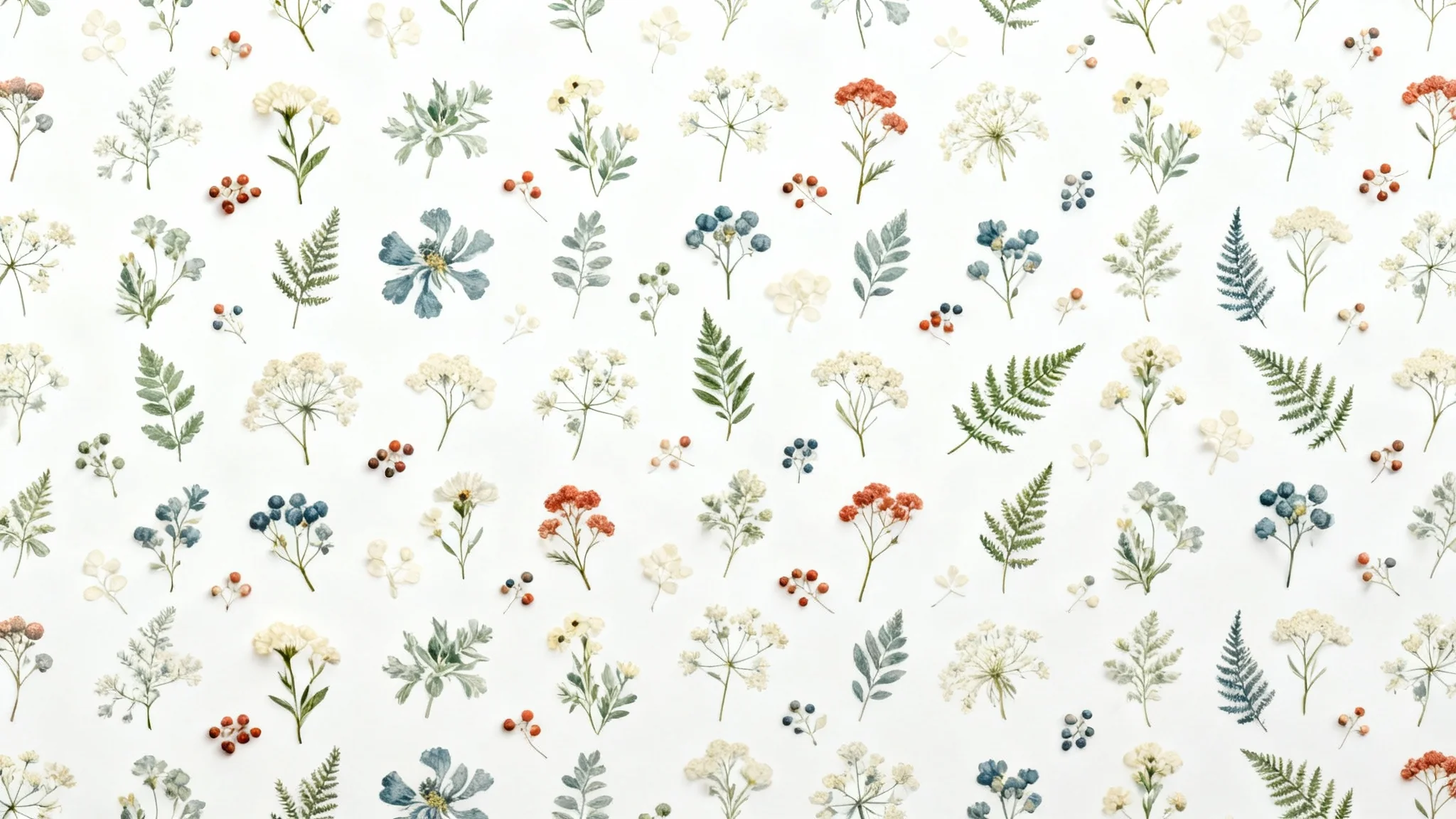 A flat lay of a seamless botanical pattern swatch, featuring vintage-style illustrations of wildflowers and ferns in earthy tones on a crisp white background.