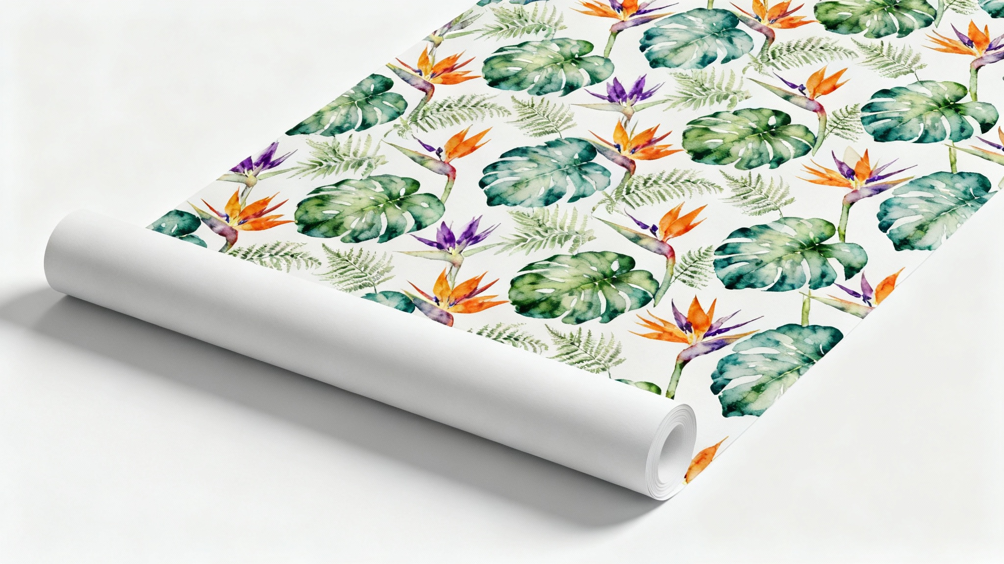 A photorealistic mockup of a seamless tropical wallpaper pattern featuring watercolor monstera leaves and bird-of-paradise flowers, shown on a roll against a clean white background.