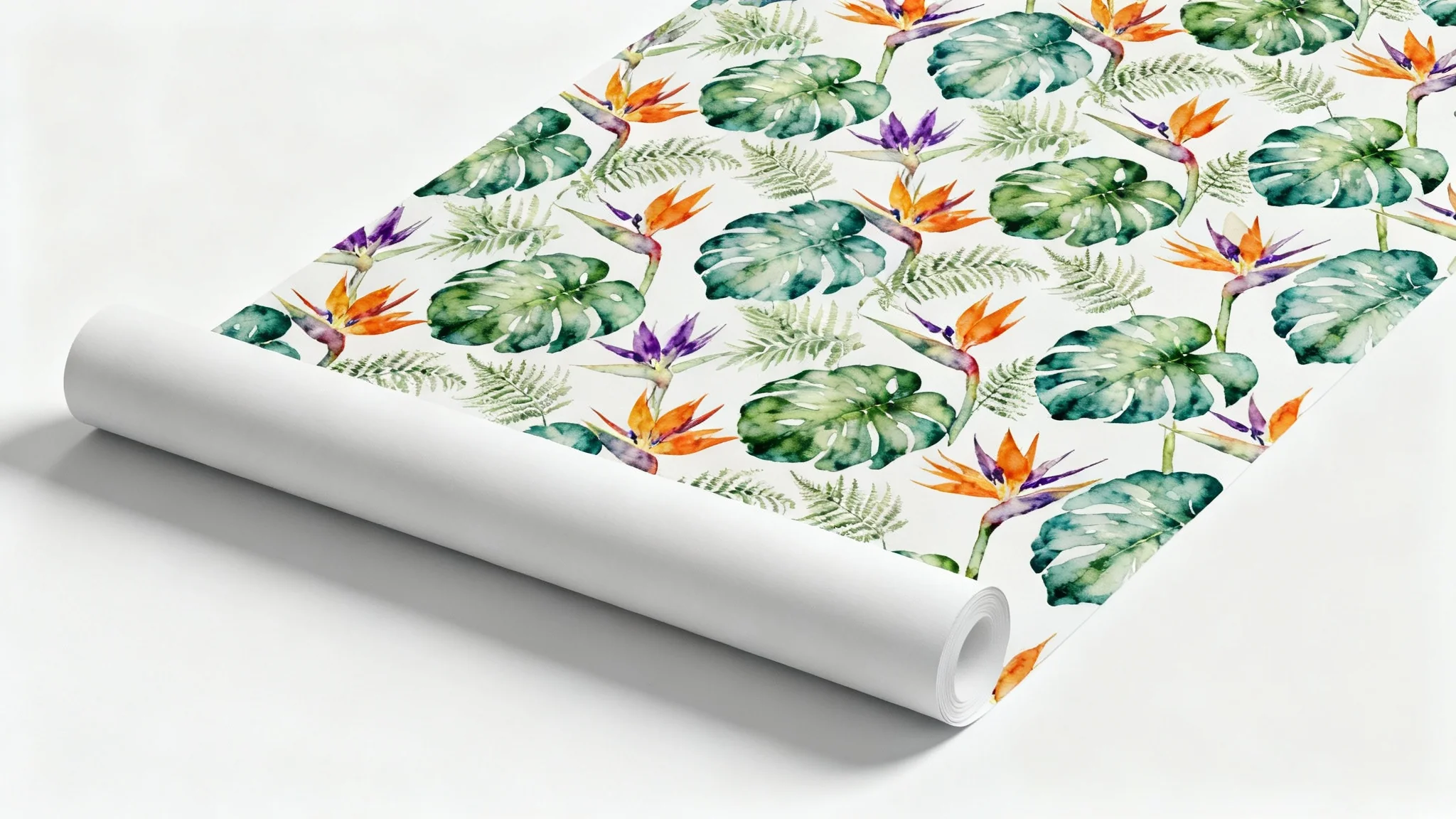A photorealistic mockup of a seamless tropical wallpaper pattern featuring watercolor monstera leaves and bird-of-paradise flowers, shown on a roll against a clean white background.
