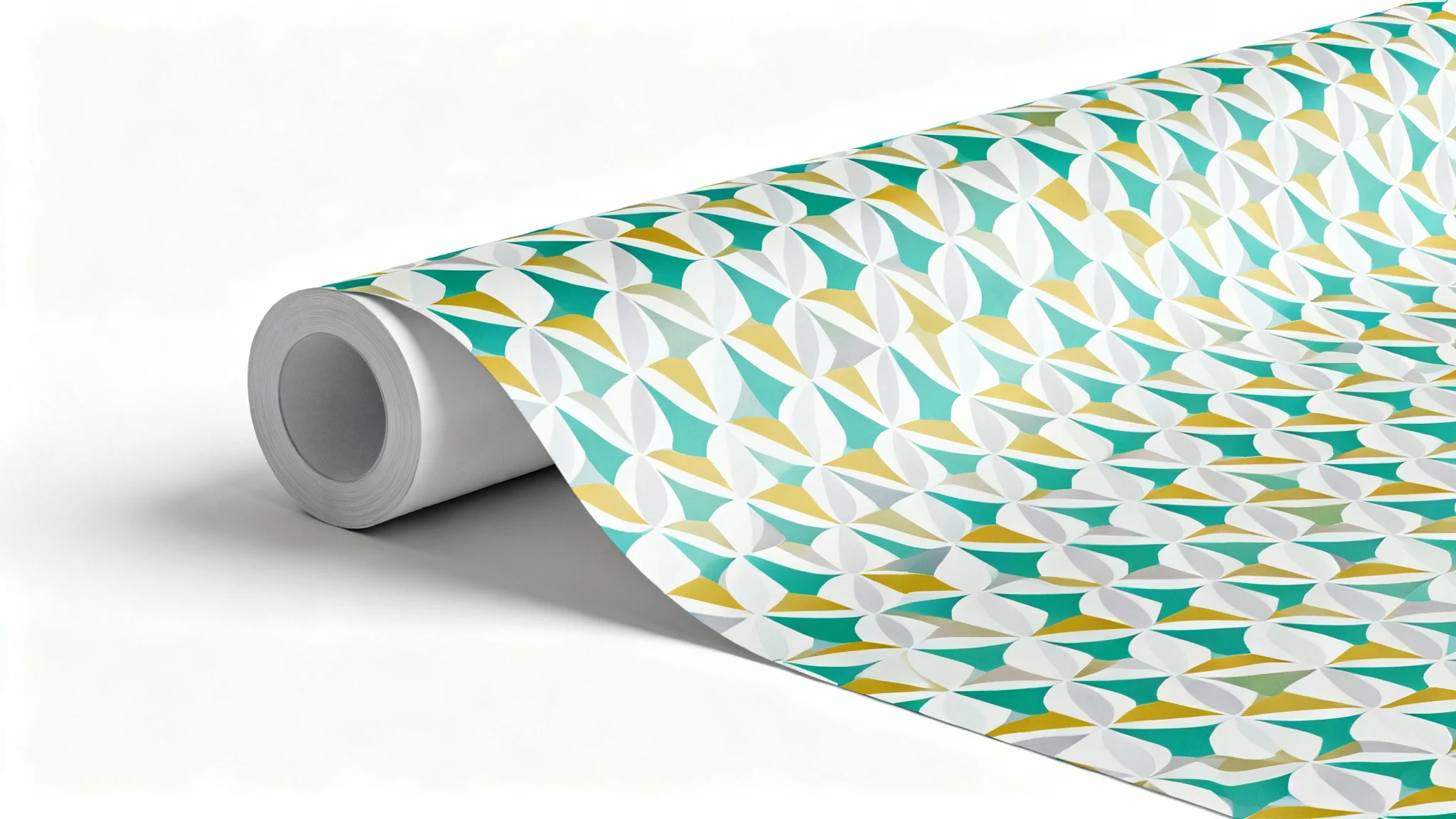 A roll of wrapping paper with a modern, seamless geometric pattern in teal and yellow unfurls against a plain white background, showcasing the flawless repeat of the design.