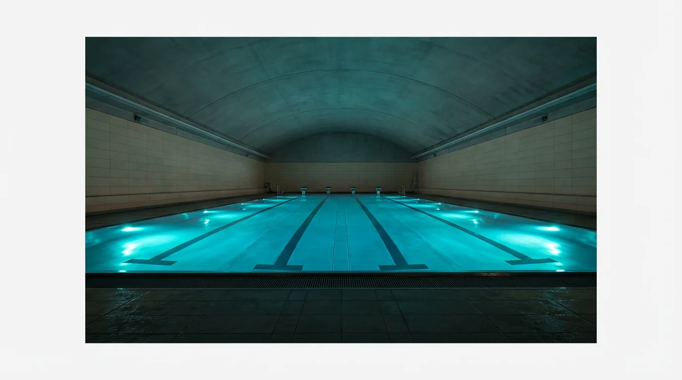A hyperrealistic image of a deserted indoor swimming pool at night, exemplifying the liminal space aesthetic. The water glows with an eerie blue light, reflecting on the wet, empty tiles surrounding the pool.
