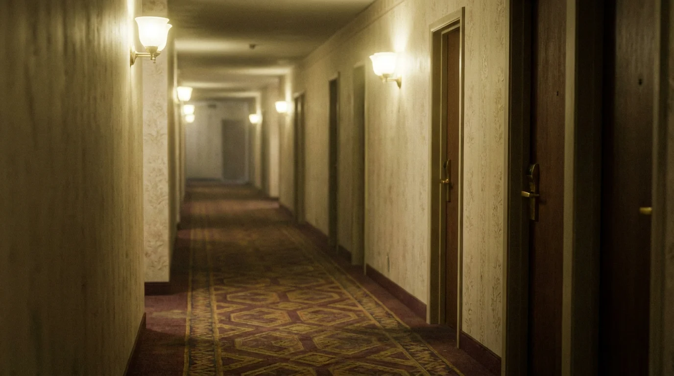A photorealistic image of an empty, eerily quiet hotel hallway with 1980s patterned carpet and yellow lighting, creating a classic liminal space effect.