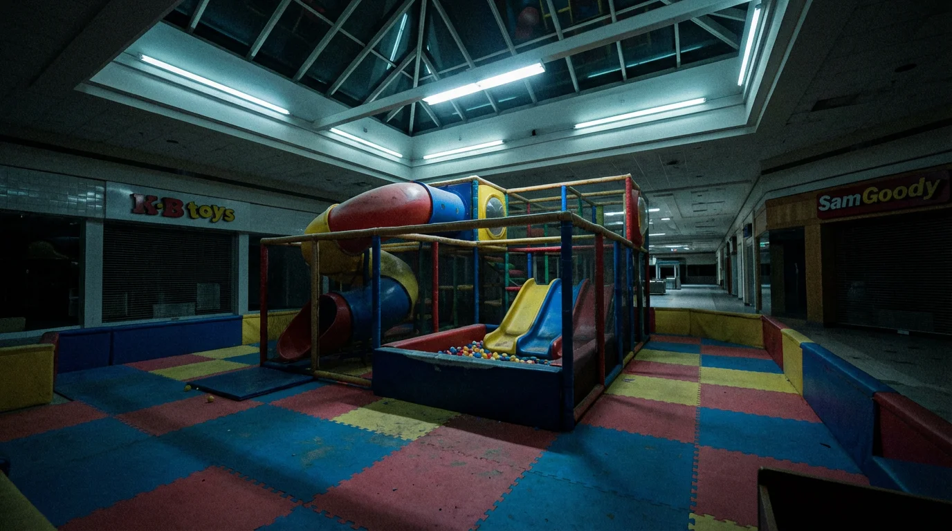 A photorealistic image of a deserted children's play area in an empty mall, creating an eerie and nostalgic liminal space effect with its cold lighting and vacant atmosphere.
