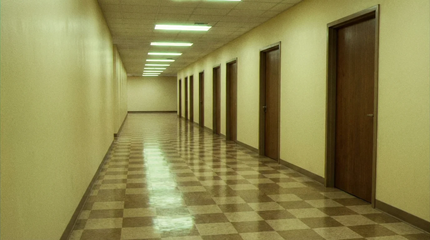 An unsettling, photorealistic image of a long, empty hallway with checkered floors and harsh fluorescent lighting, evoking the feeling of a liminal space.