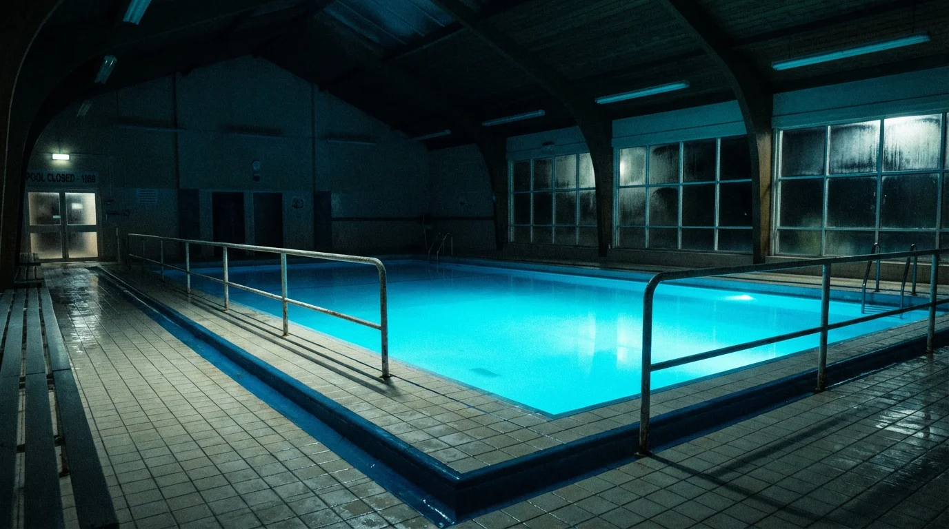 An eerie, empty indoor swimming pool at night. The still water glows with a bright blue light from underneath, casting shadows on the wet, tiled deck surrounding it.