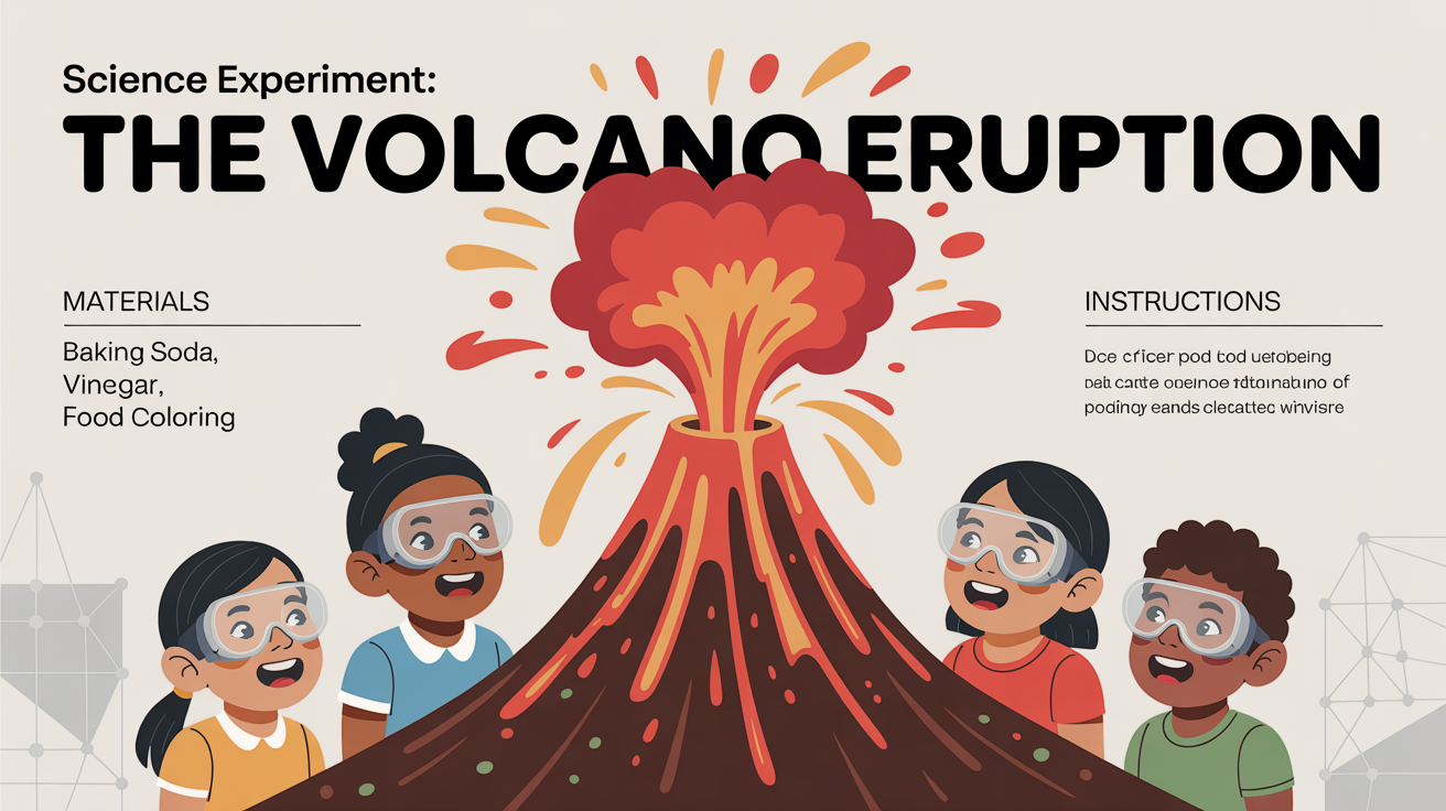 A colorful, professionally designed educational poster for a children's science experiment titled 'SCIENCE EXPERIMENT: THE VOLCANO ERUPTION'. It features illustrations of a volcano erupting, the required materials, and excited children watching.