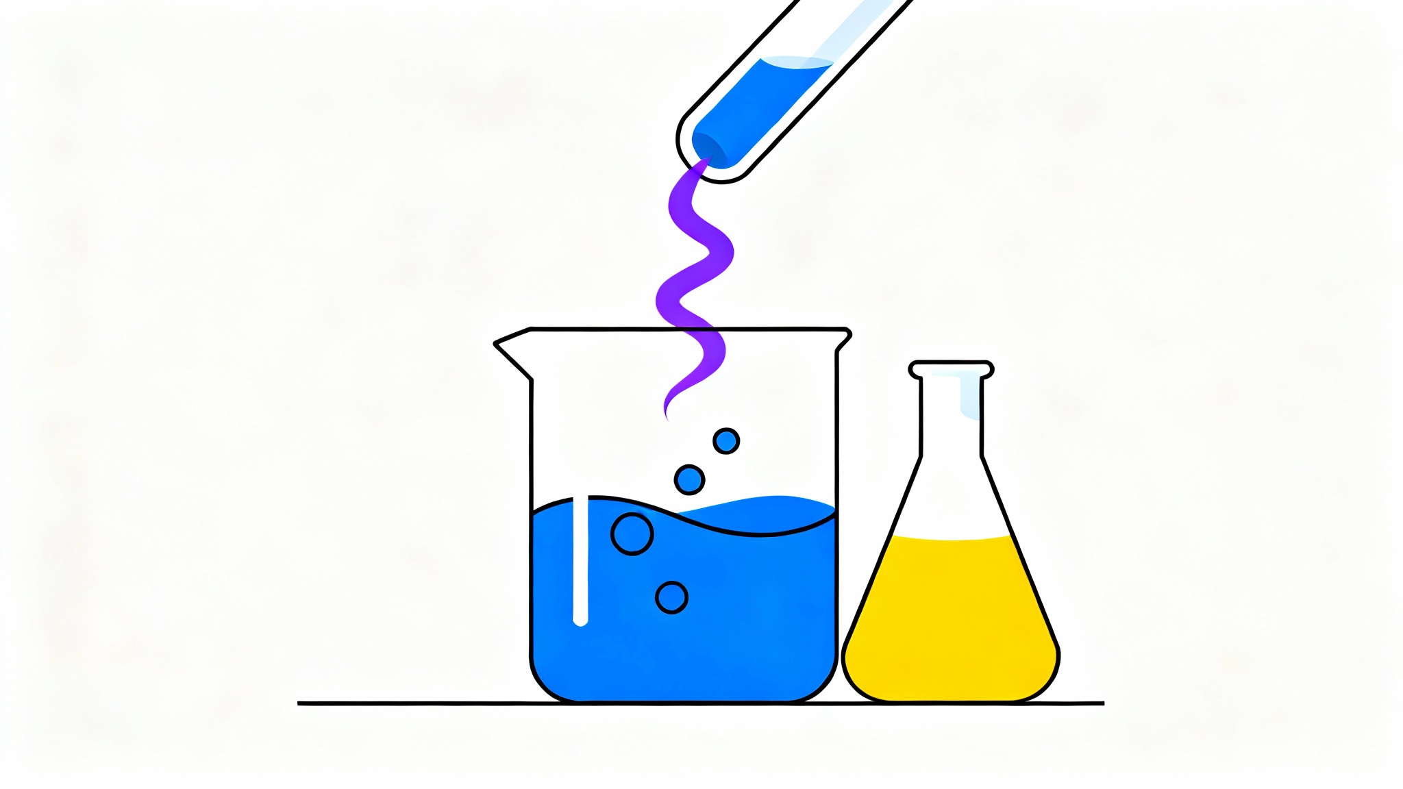 A colorful vector illustration of a science experiment, with bubbling liquids being mixed in beakers and flasks against a plain white background.
