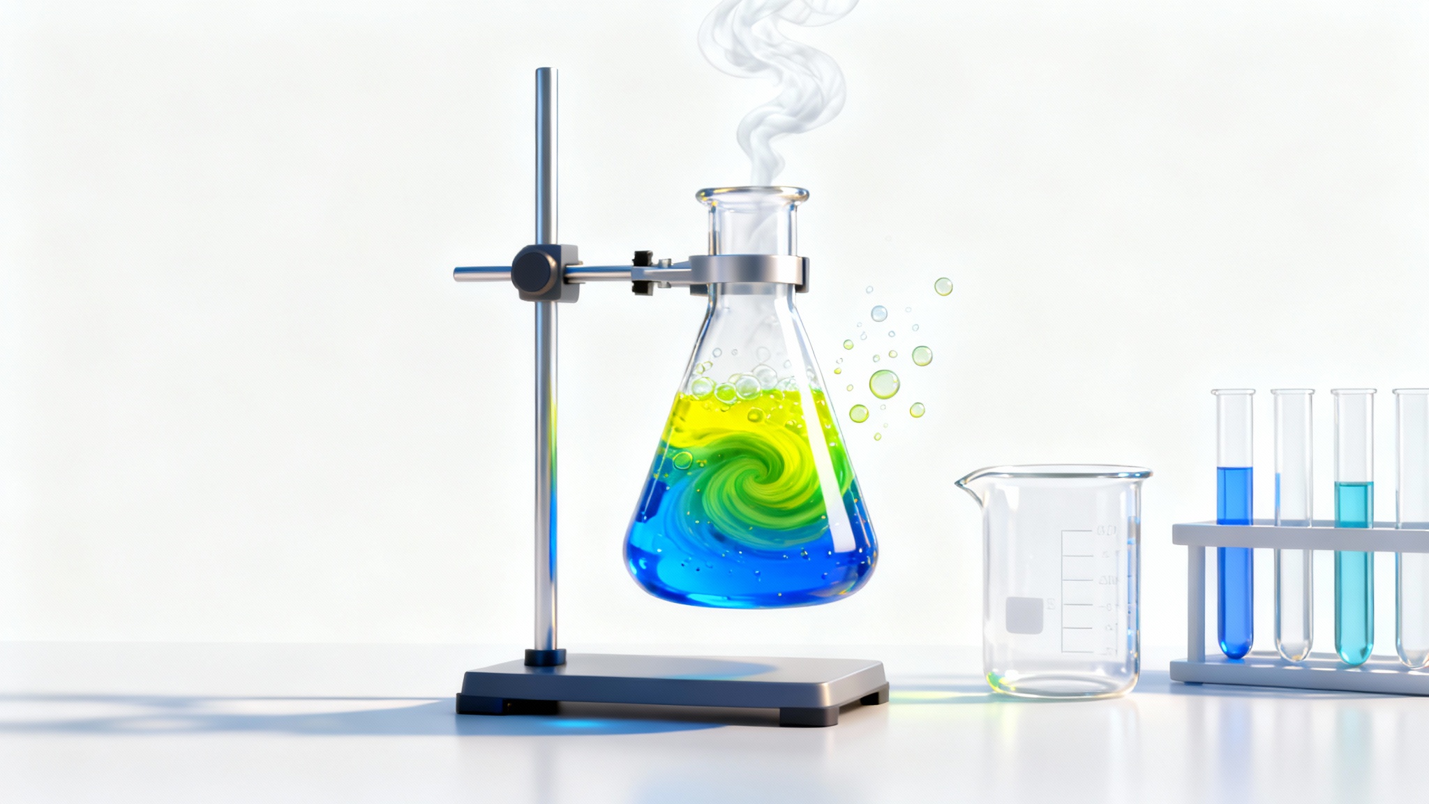 An illustration of a science experiment showing a chemical reaction in a glass flask, with colorful liquids mixing and bubbling against a clean white background.