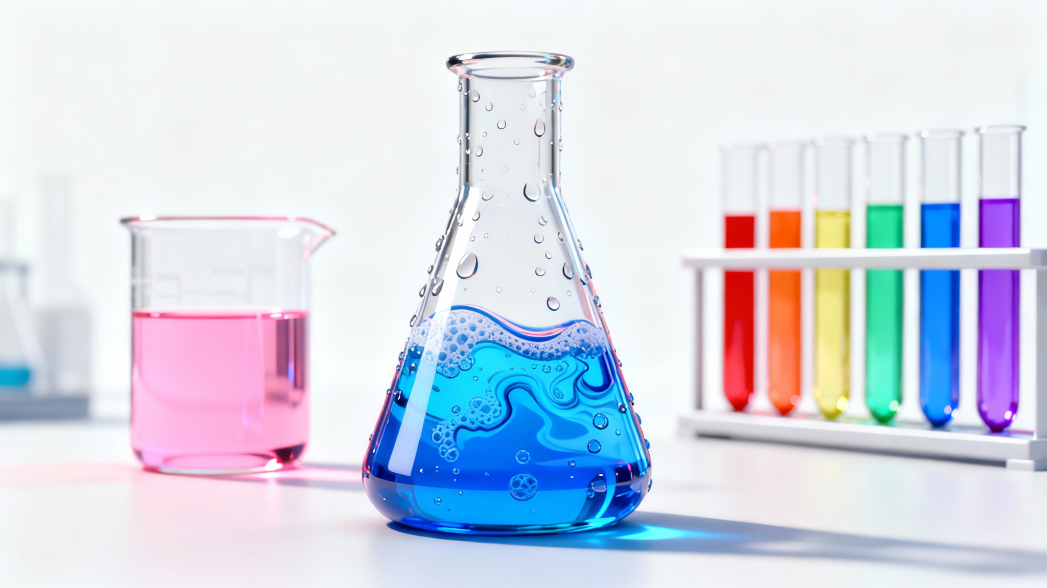 A colorful 3D illustration of a science experiment with beakers and flasks containing bubbling liquids on a clean white background.