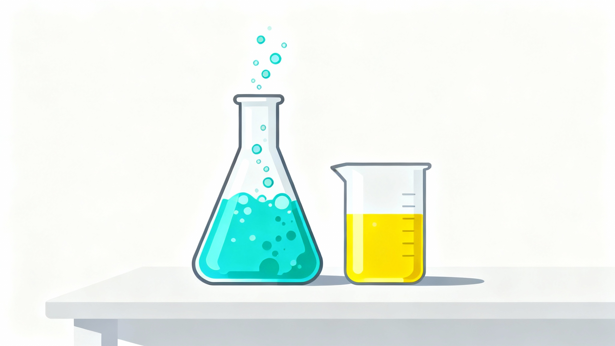 A minimalist vector illustration of a science experiment, showing a flask with bubbling turquoise liquid and a beaker with yellow liquid, set against a clean white background.