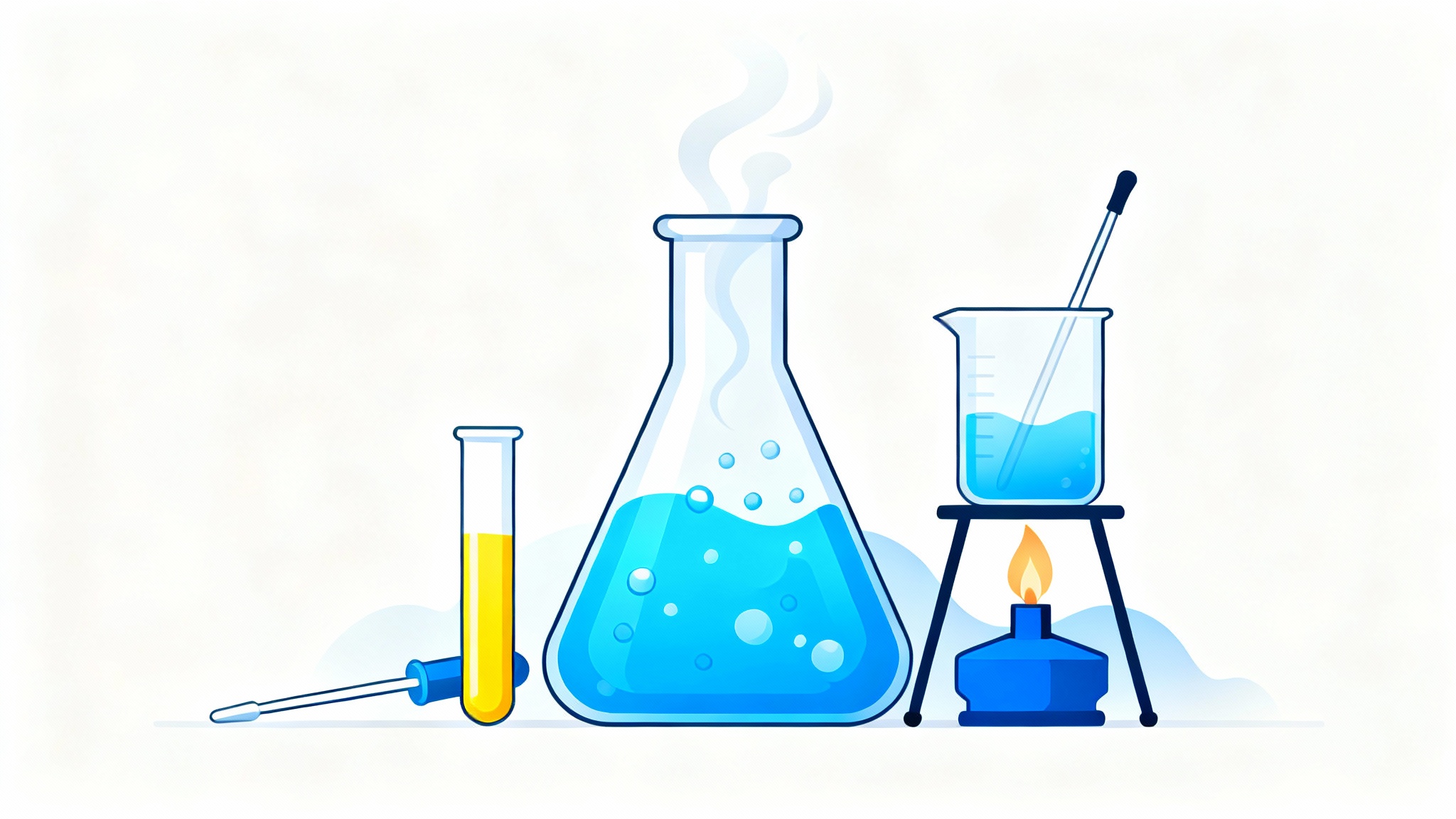 A modern, minimalist illustration લોકો of a science experiment, featuring a bubbling flask, a beaker on a Bunsen burner, and other lab equipment against a clean white background.