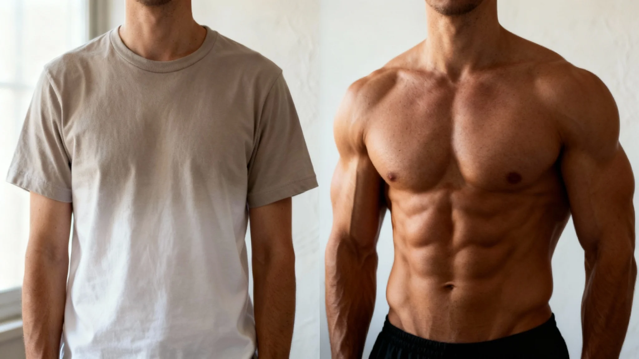 A before-and-after comparison image demonstrating a muscle enhancer. The left side shows a man with an athletic body, and the right side shows the same man with digitally enhanced, larger, and more defined muscles.