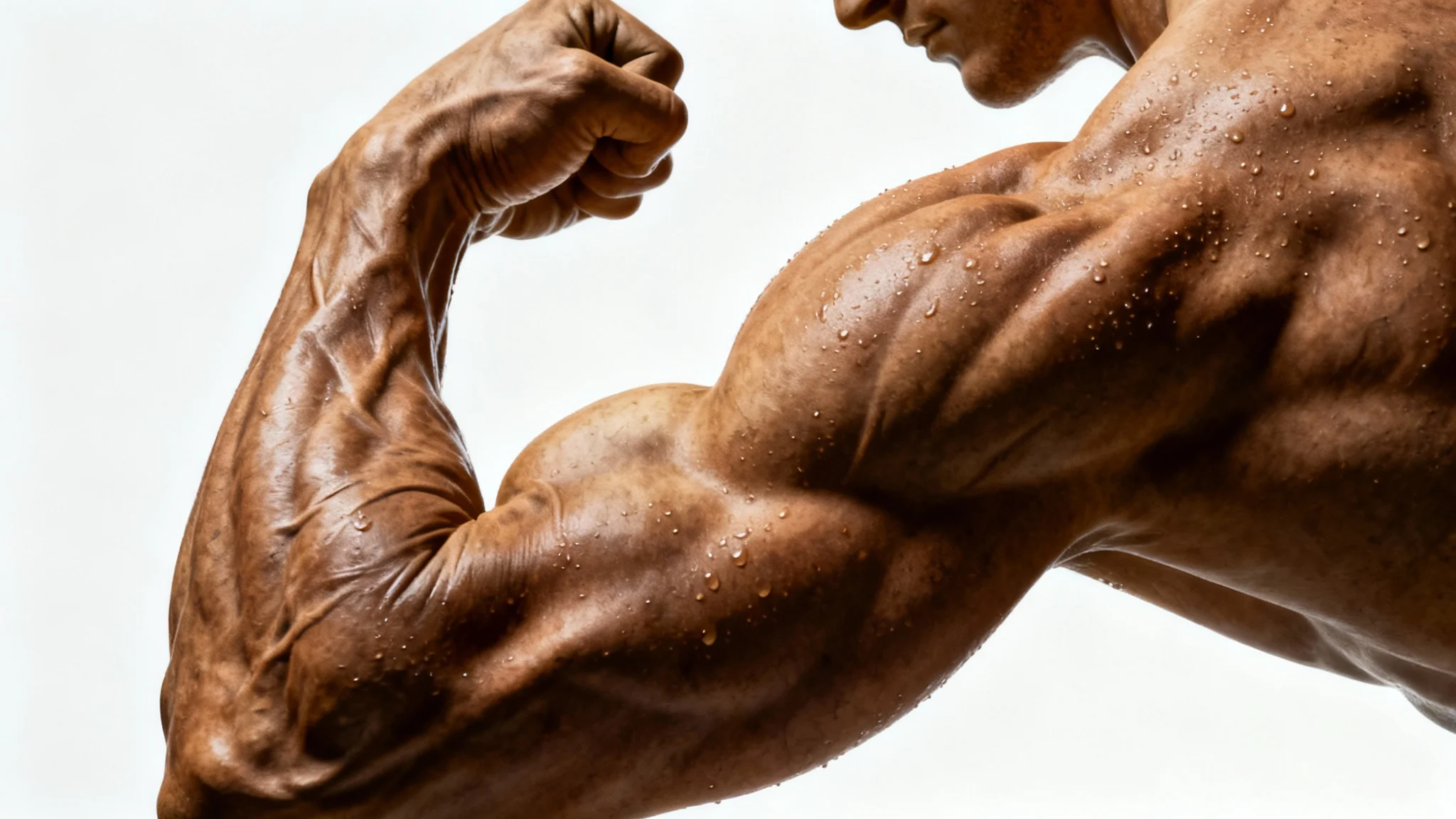 An extreme close-up, high-contrast photograph of a powerfully flexed and muscular arm against a solid white background, symbolizing peak physical strength and muscle enhancement.