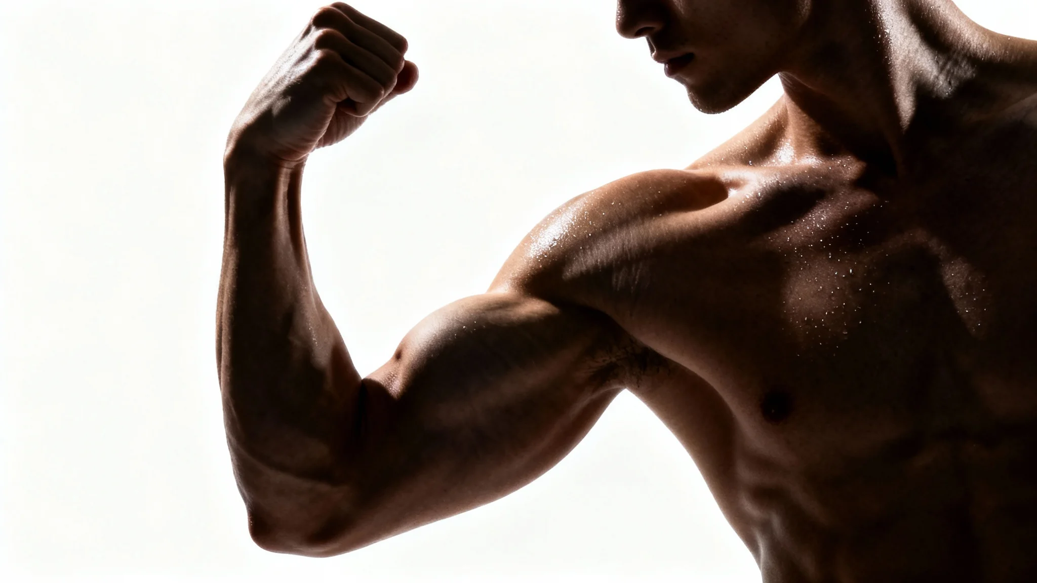 A close-up photograph of a muscular and well-defined bicep and shoulder, glistening with sweat and flexed under dramatic lighting against a plain white background.