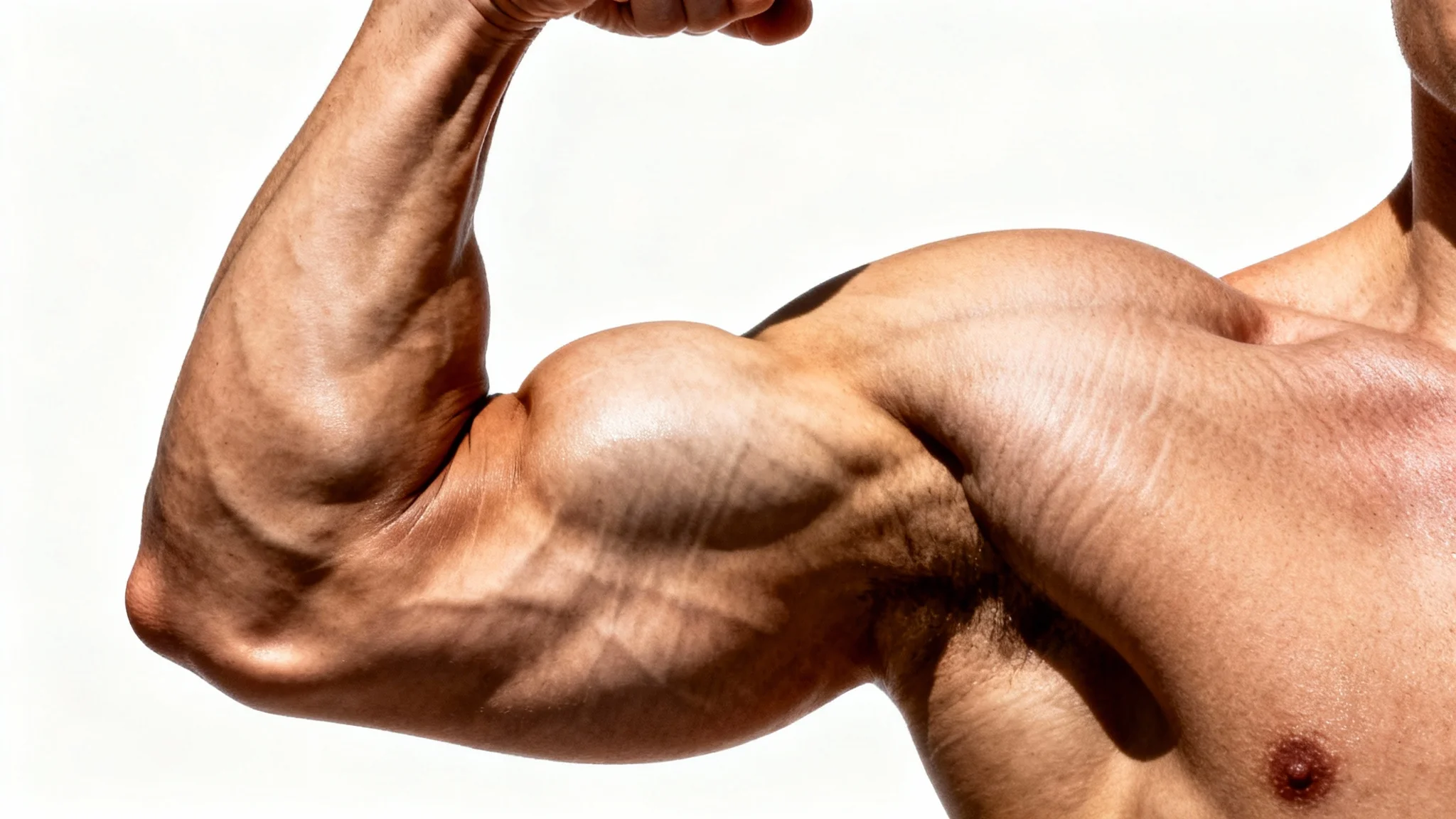 A close-up, hyper-realistic photo of a person's muscular and well-defined arm flexed against a clean white background, showcasing peak physical condition.