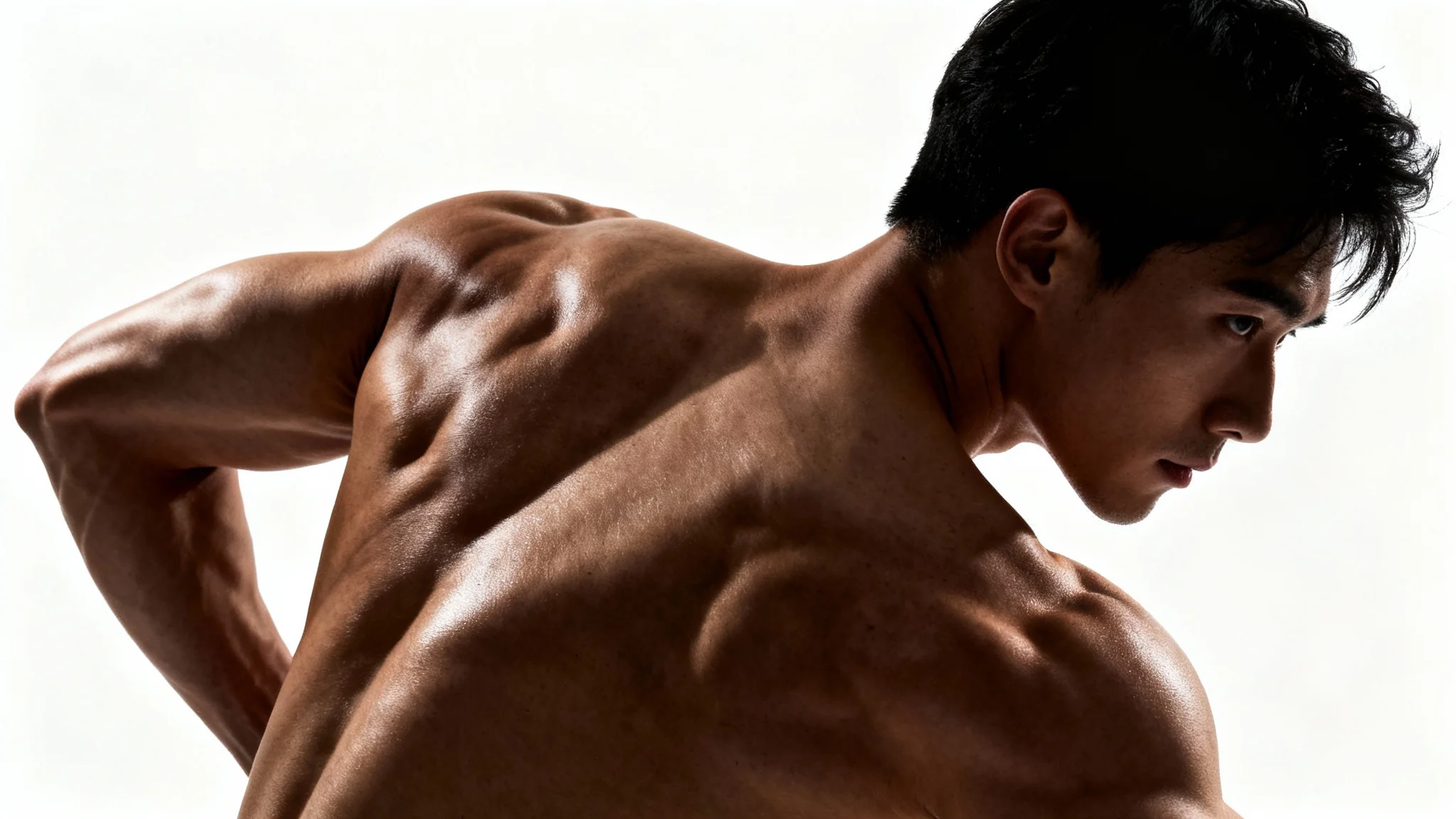 A photorealistic image of a man's muscular and defined back and shoulders against a solid white background, illustrating strength and muscle enhancement.