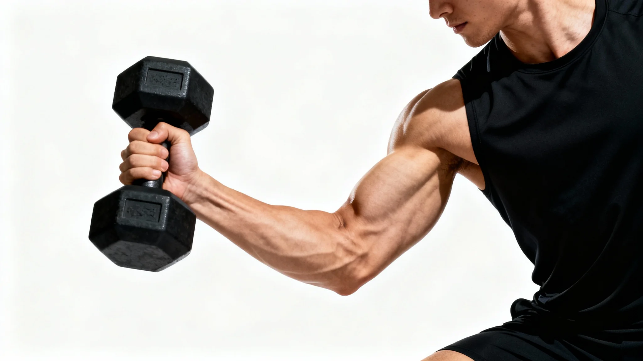 A photorealistic mockup of a fit person with defined muscles lifting a heavy dumbbell against a stark white background, demonstrating the effects of a muscle enhancer.