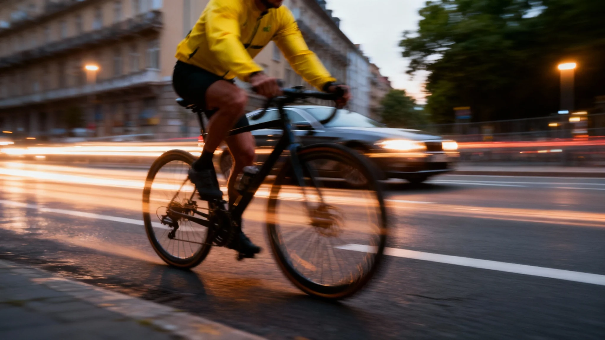 A cyclist in a yellow jersey shown in a high-speed chase with a motion blur effect applied, making the background and wheels look streaked to convey speed.