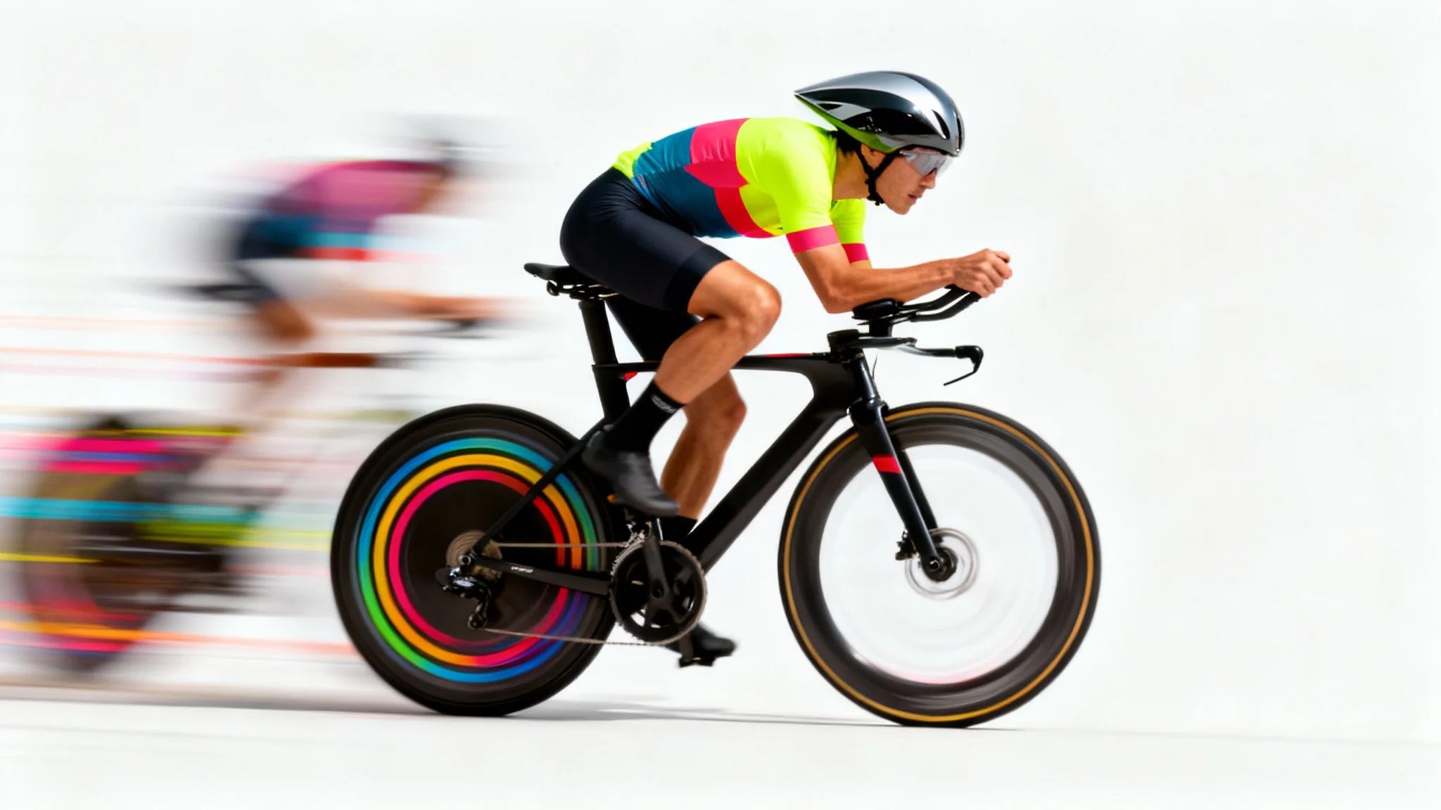 A photorealistic image of a cyclist moving at high speed, demonstrating a motion blur effect with a sharp subject and a streaked background, all set against a clean white background.