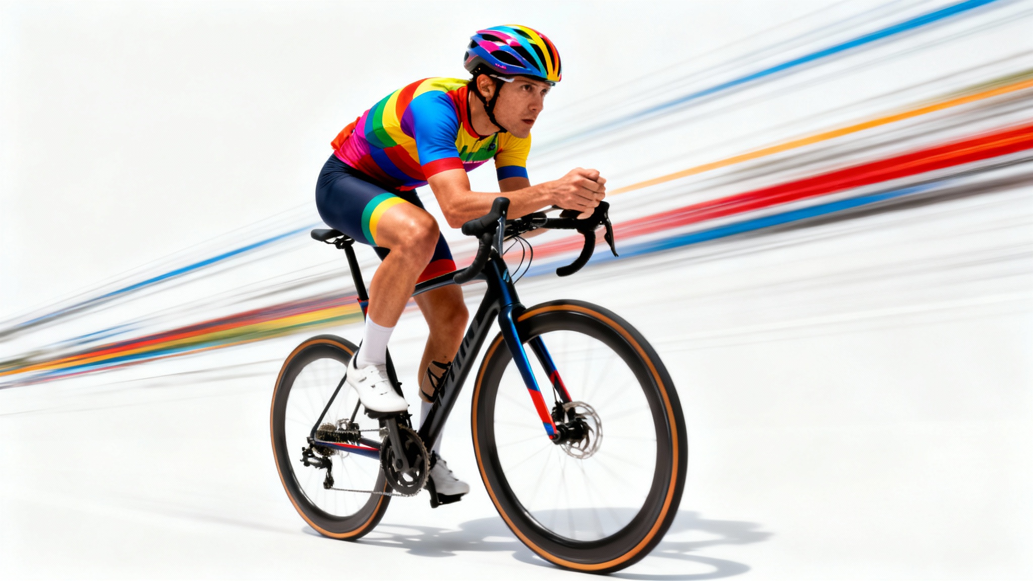 A professional cyclist in sharp focus racing on a bicycle, with the background showing a strong motion blur effect against a plain white backdrop.