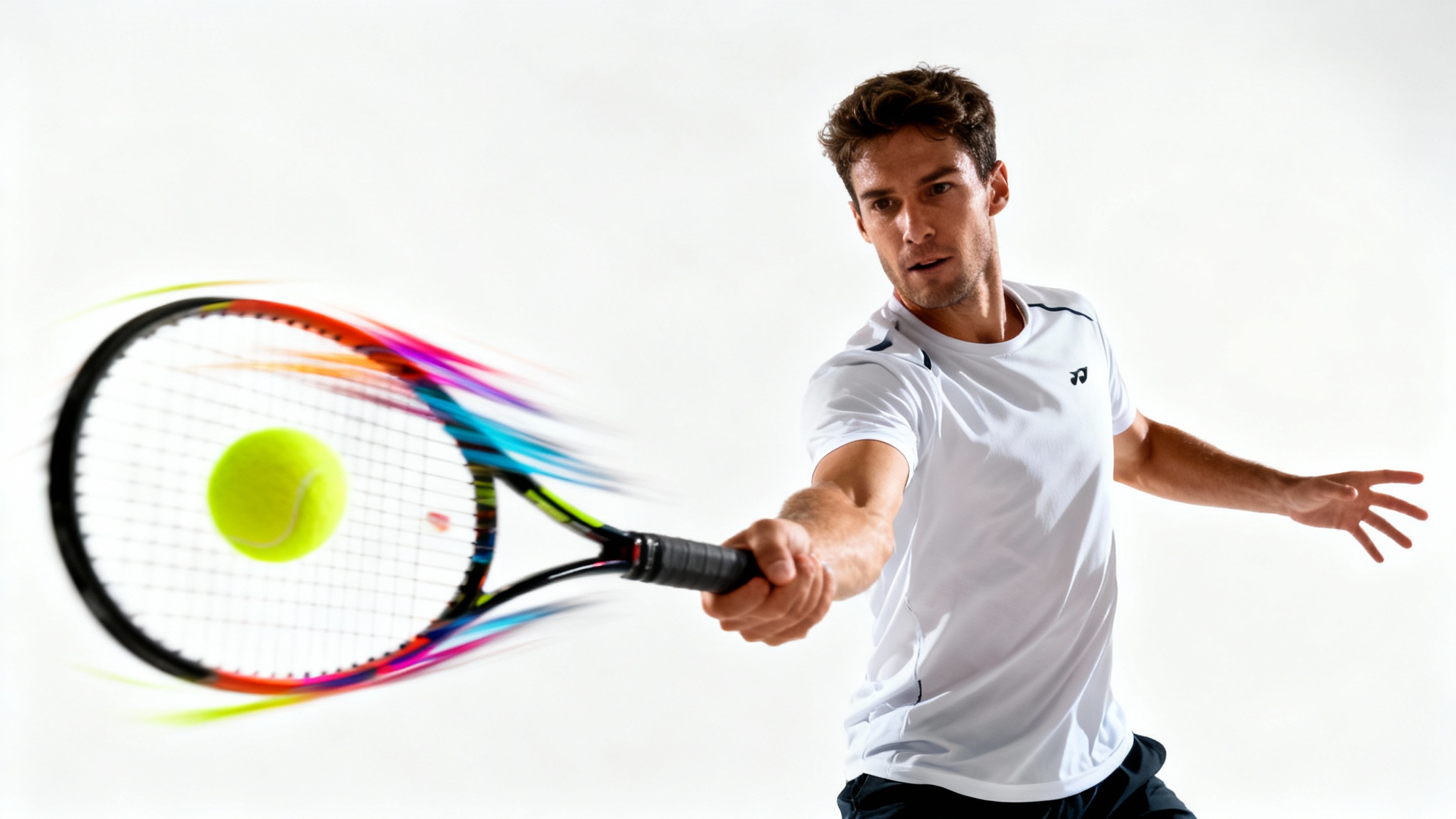 An energetic, photorealistic image demonstrating motion blur, featuring a tennis player mid-swing with their arm and racket blurred by speed, against a clean white background.