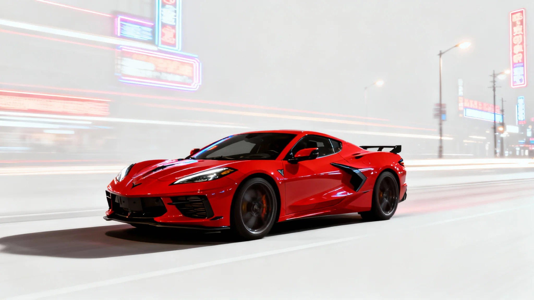 A photorealistic mockup of a red sports car with a motion blur effect, where the car is in focus and the city background is blurred into light streaks, set against a plain white background.