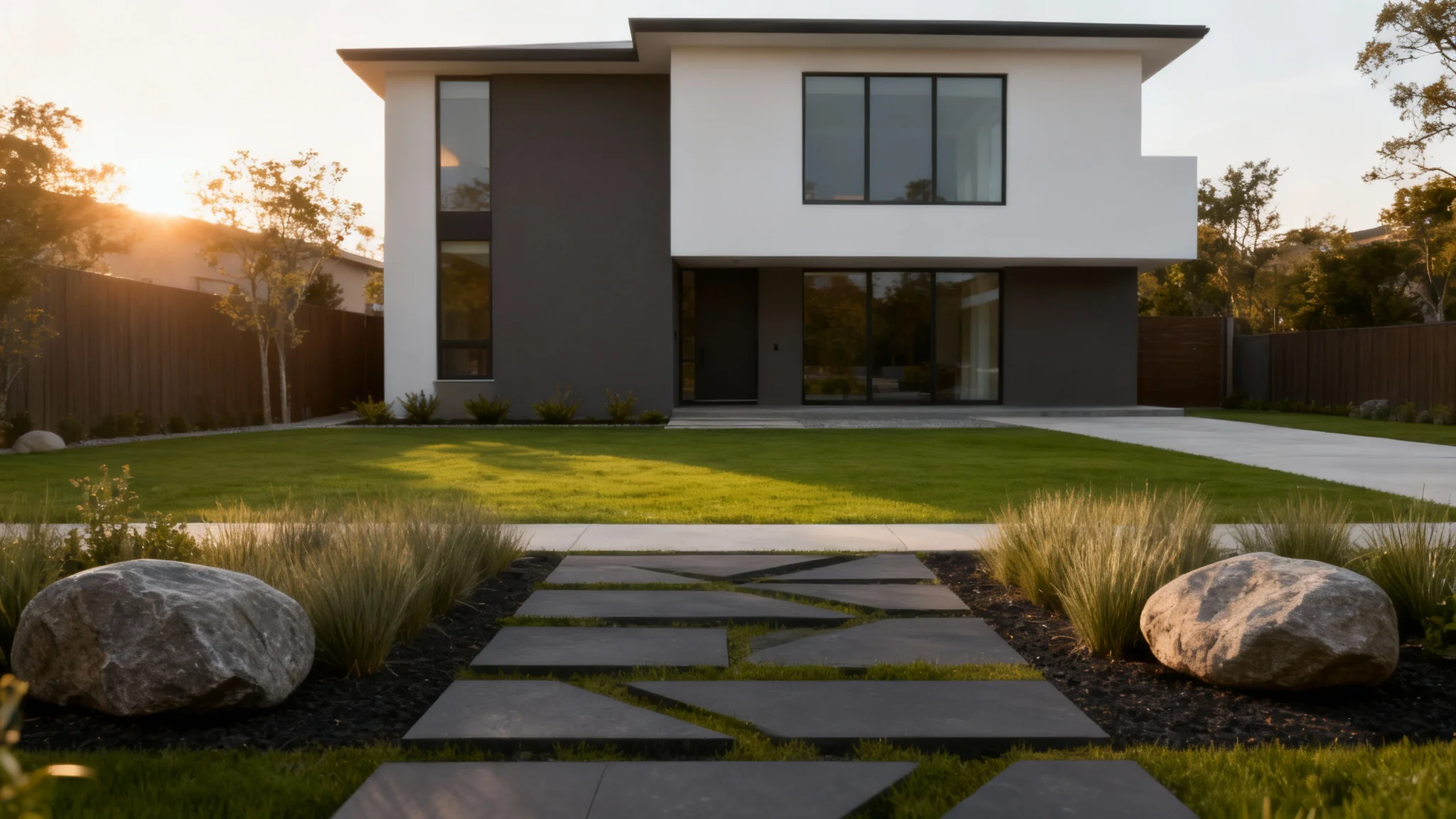 A beautifully landscaped modern front yard during sunset, featuring a neat lawn, stone pathways, ornamental grasses, and a contemporary house in the background.