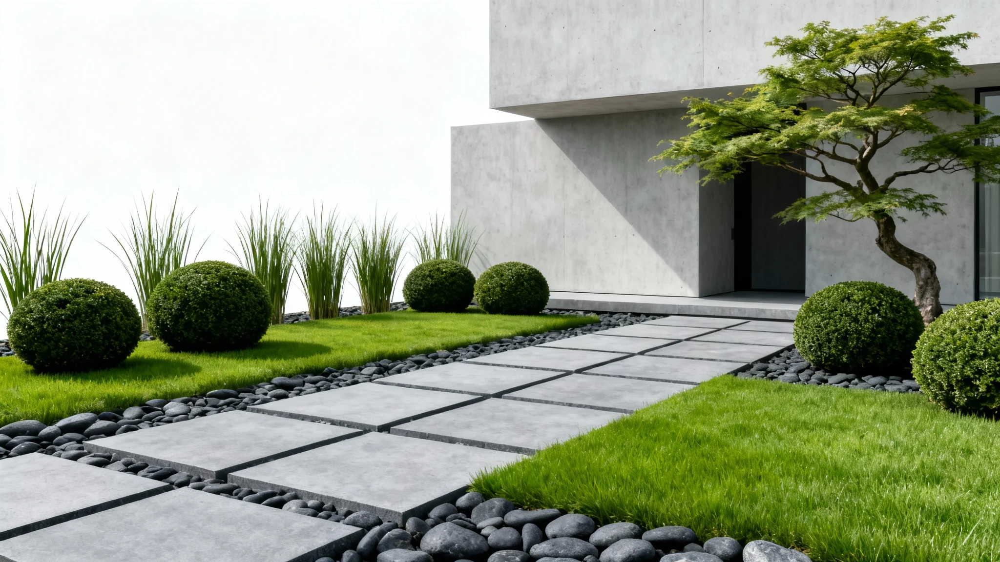 A professionally landscaped modern front yard with geometric stone pavers, manicured grass, spherical shrubs, and ornamental grasses, presented as a mockup on a clean white background.
