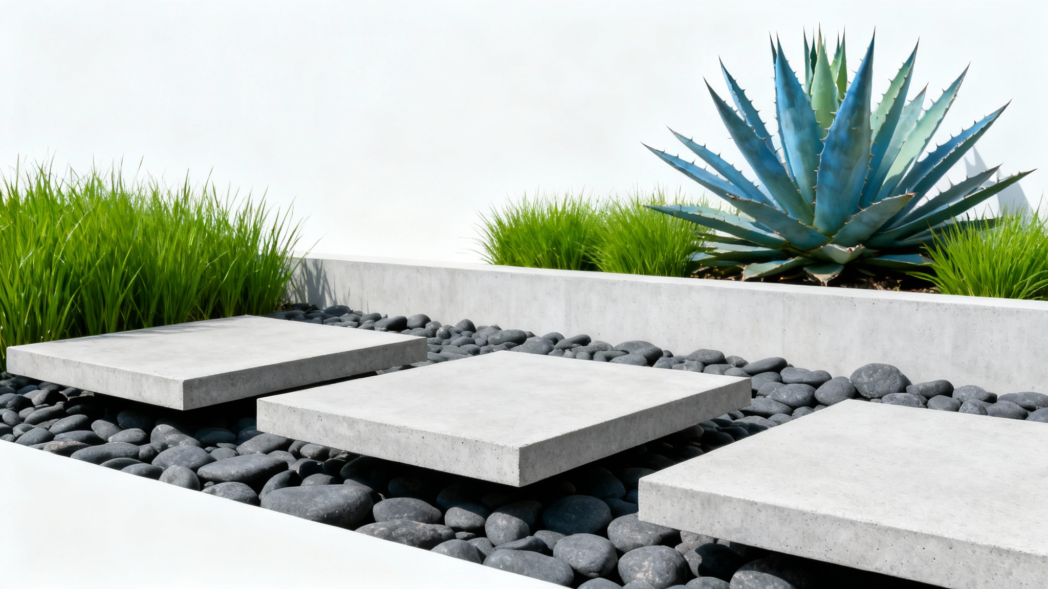 A modern front yard landscaping mockup showing a geometric concrete walkway over dark river stones, with ornamental grasses and an agave plant, all on a clean white background.