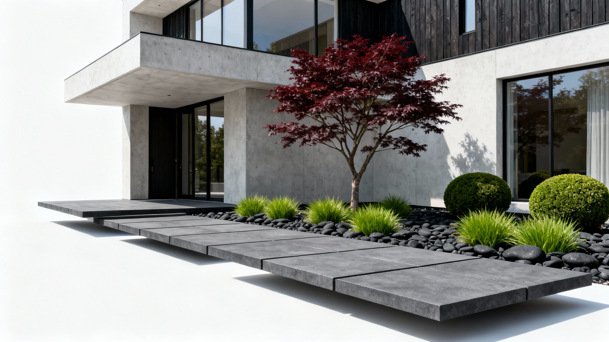 A high-end mockup of modern front yard landscaping, showcasing a concrete paver walkway, ornamental grasses, and a red Japanese Maple against a contemporary home.