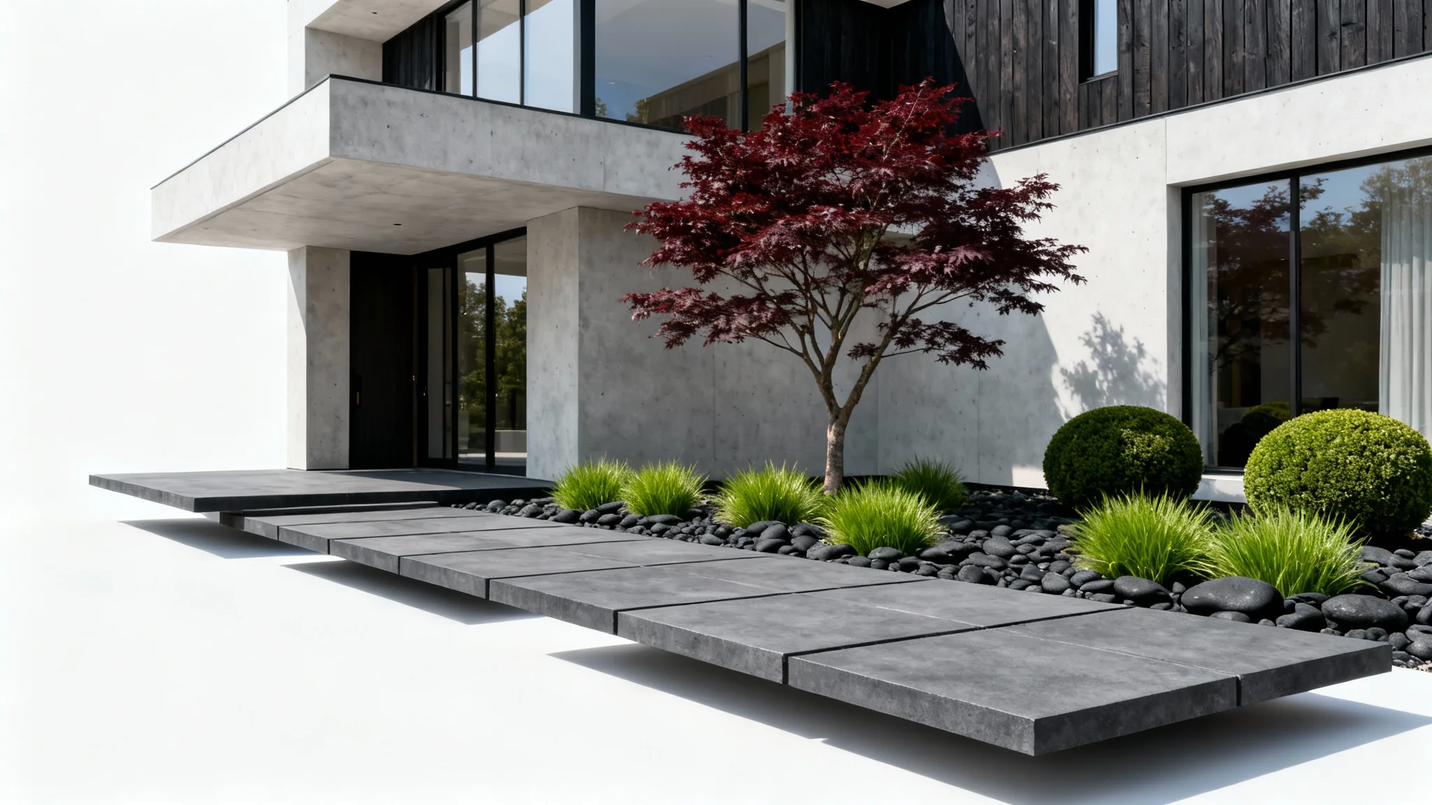 A high-end mockup of modern front yard landscaping, showcasing a concrete paver walkway, ornamental grasses, and a red Japanese Maple against a contemporary home.