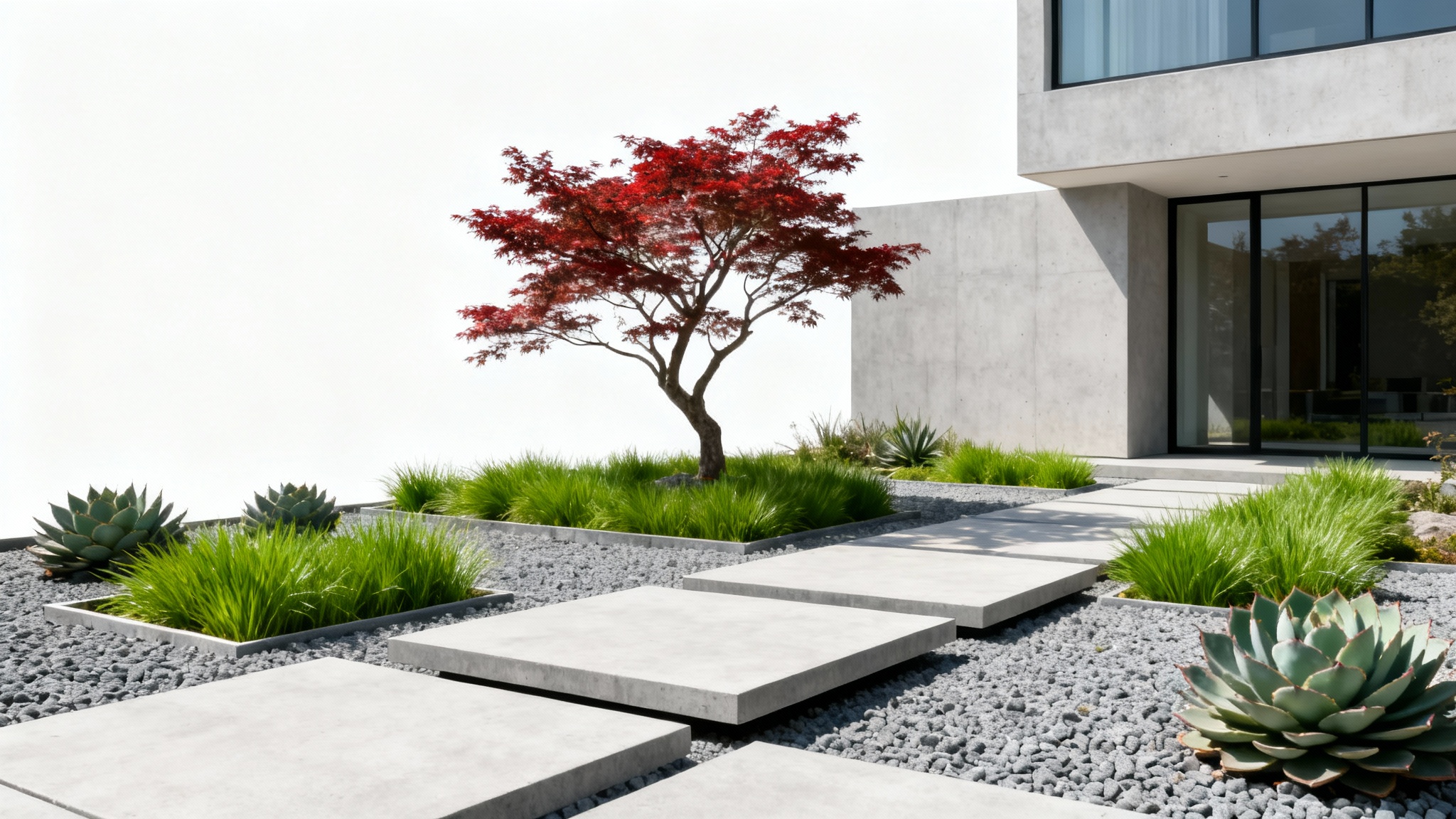 A photorealistic mockup of a modern front yard with minimalist landscaping, featuring geometric concrete pavers, ornamental grasses, and a sculptural tree against a white background.