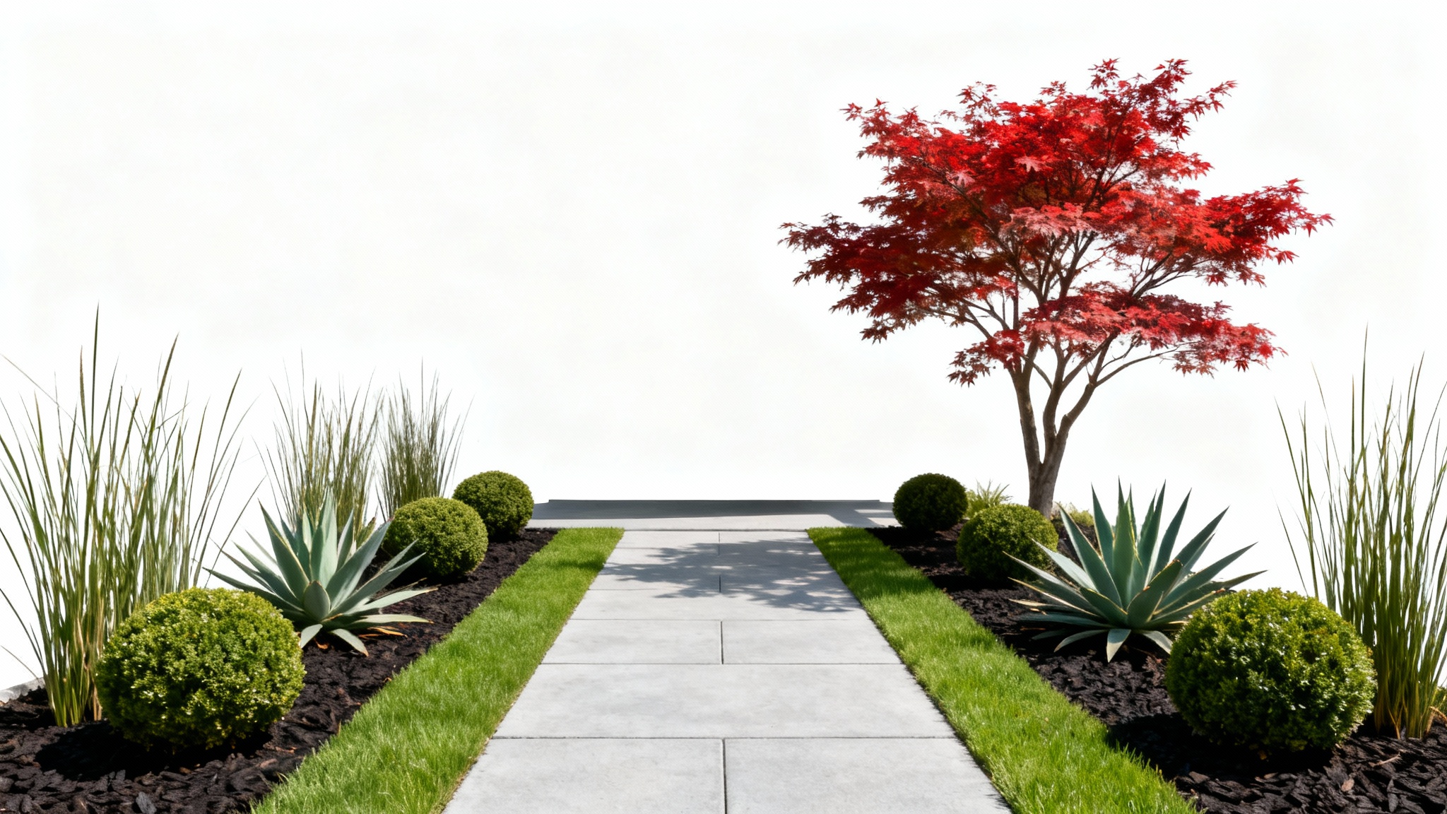 A modern front yard landscape design featuring a concrete paver walkway, ornamental grasses, boxwood shrubs, and a red Japanese Maple, all displayed against a clean white background.