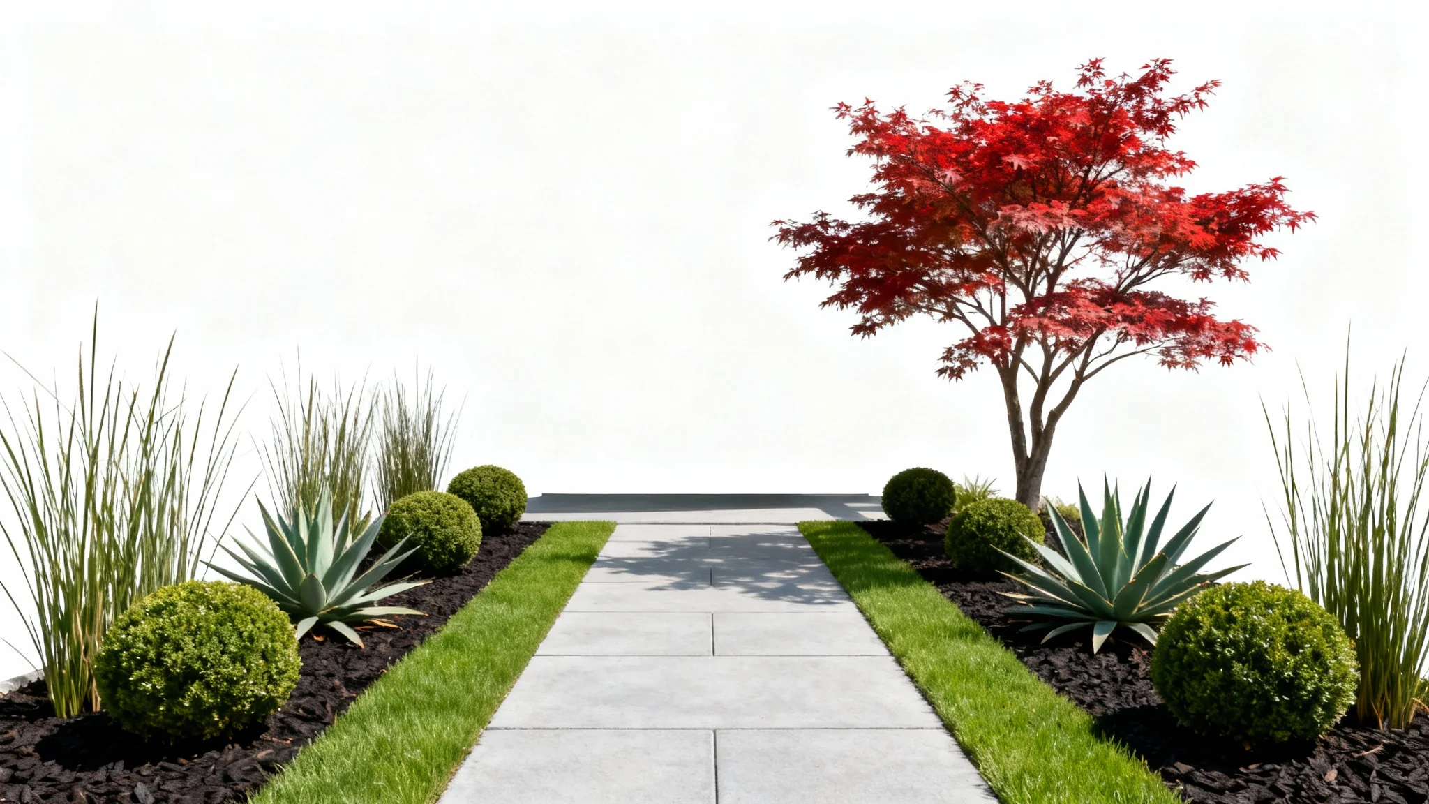 A modern front yard landscape design featuring a concrete paver walkway, ornamental grasses, boxwood shrubs, and a red Japanese Maple, all displayed against a clean white background.