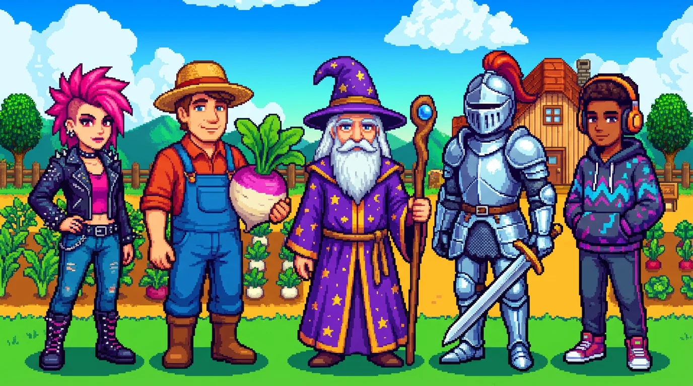 A lineup of five custom-designed pixel art characters in the style of the game Stardew Valley, standing on a farm. The characters are diverse in appearance, including a punk woman, a farmer, a wizard, a knight, and a modern person with headphones.