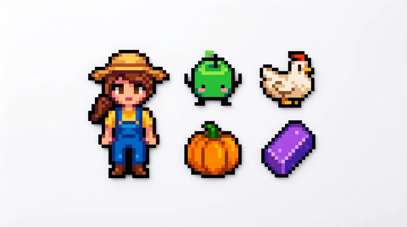 A collection of custom pixel art sprites in the style of the game Stardew Valley, including a female farmer, a Junimo, a chicken, and a pumpkin, arranged on a white background.