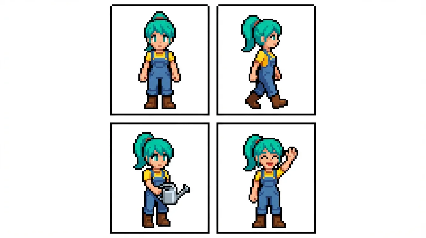 A pixel art sprite sheet featuring a custom Stardew Valley female character with teal hair and overalls, displayed in four different poses and actions on a white background.
