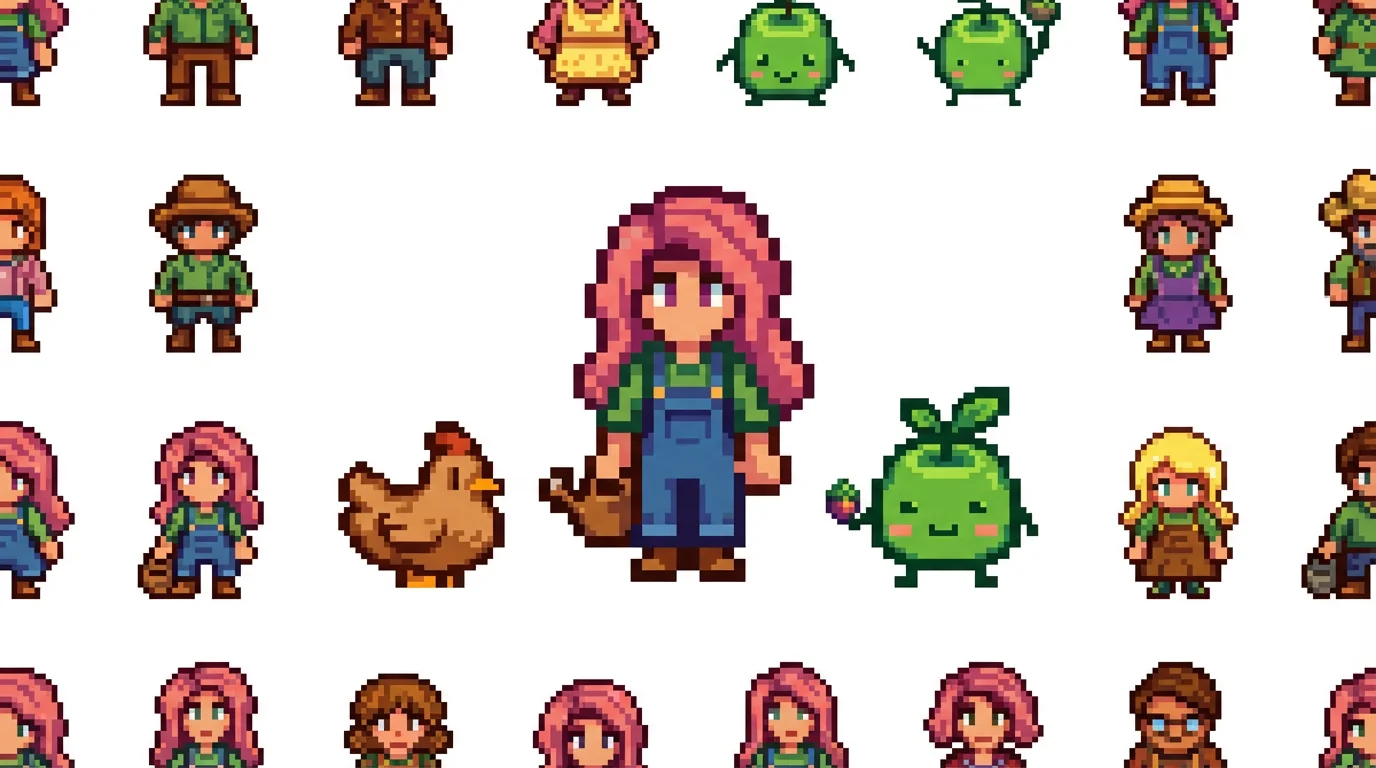 A collection of custom Stardew Valley style pixel art sprites, featuring a female farmer, a chicken, and a spirit, on a white background.