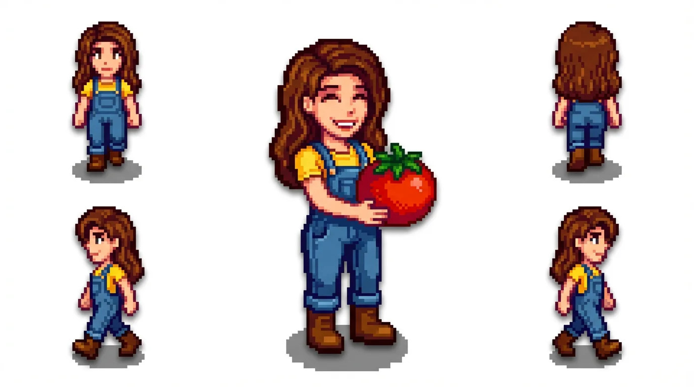A pixel art sprite sheet of a female farmer character in the style of Stardew Valley. The main sprite shows her holding a tomato, with smaller sprites showing her walking animation against a white background.