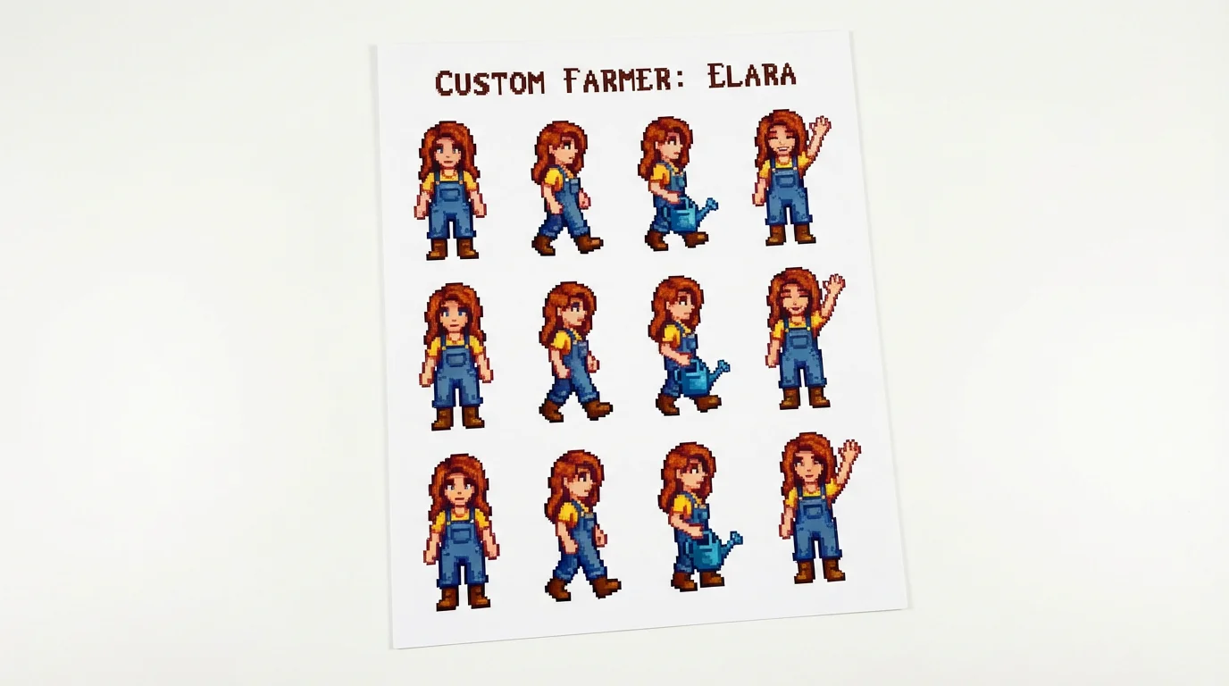 A character sheet mockup showing several pixel art sprites of a custom Stardew Valley farmer character in different poses on a white background.