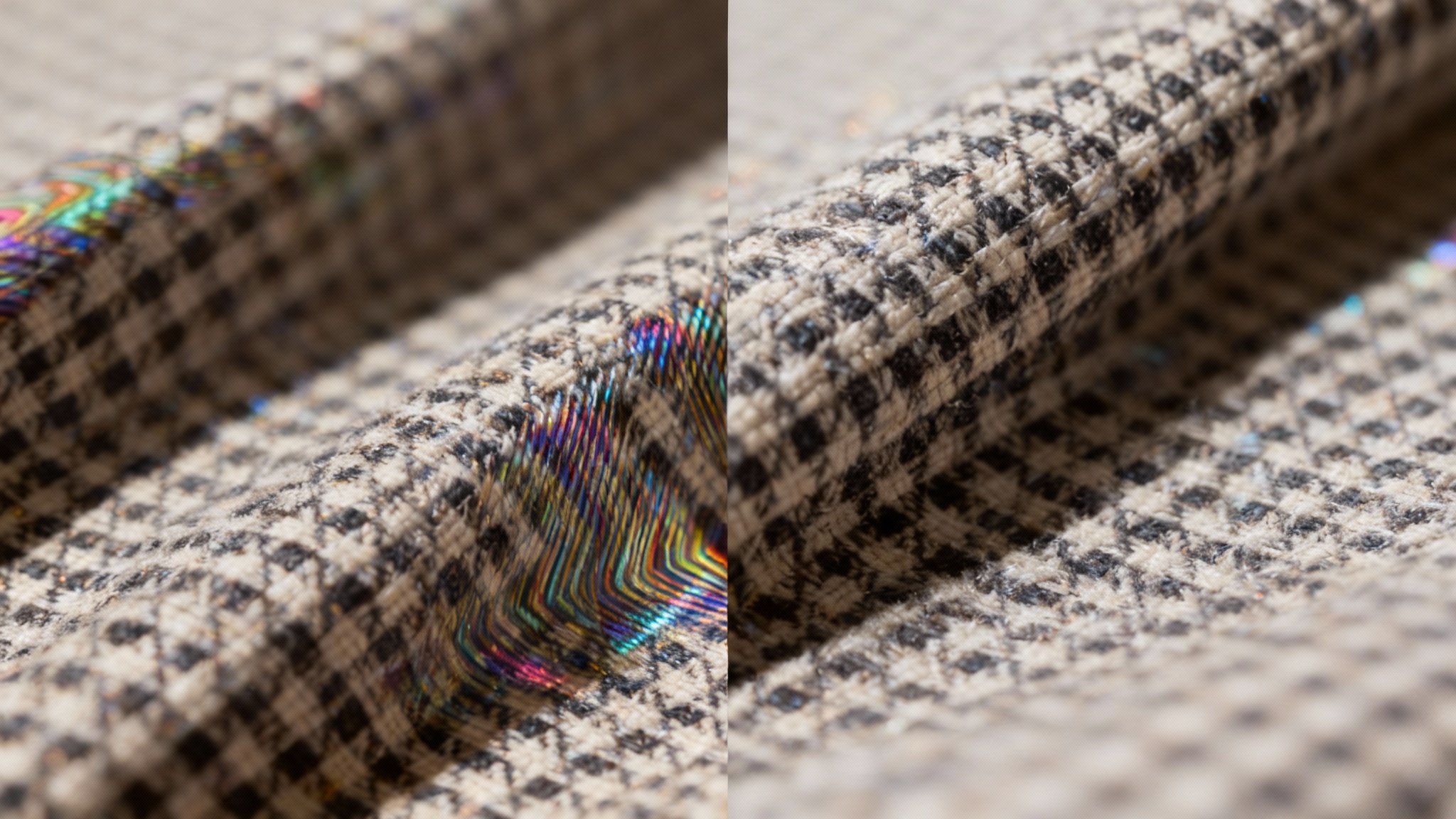 A split-screen image comparing a photo before and after moire removal. The left side shows a fabric texture with a distracting, wavy visual distortion, and the right side shows the same fabric texture perfectly clear and detailed.