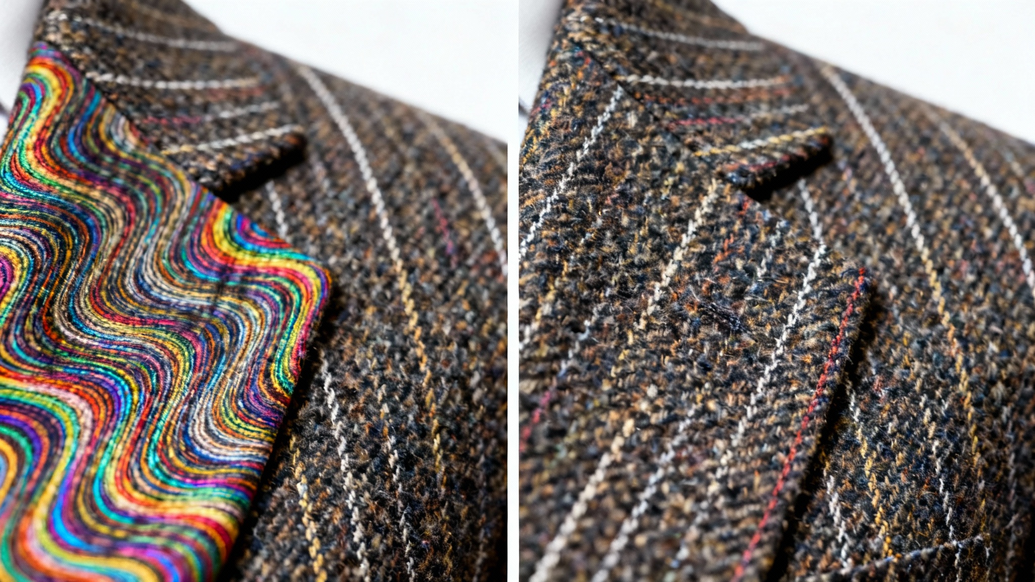 A before-and-after image demonstrating moire removal. The left side shows fabric with a distracting wavy pattern, and the right side shows the same fabric perfectly clear.