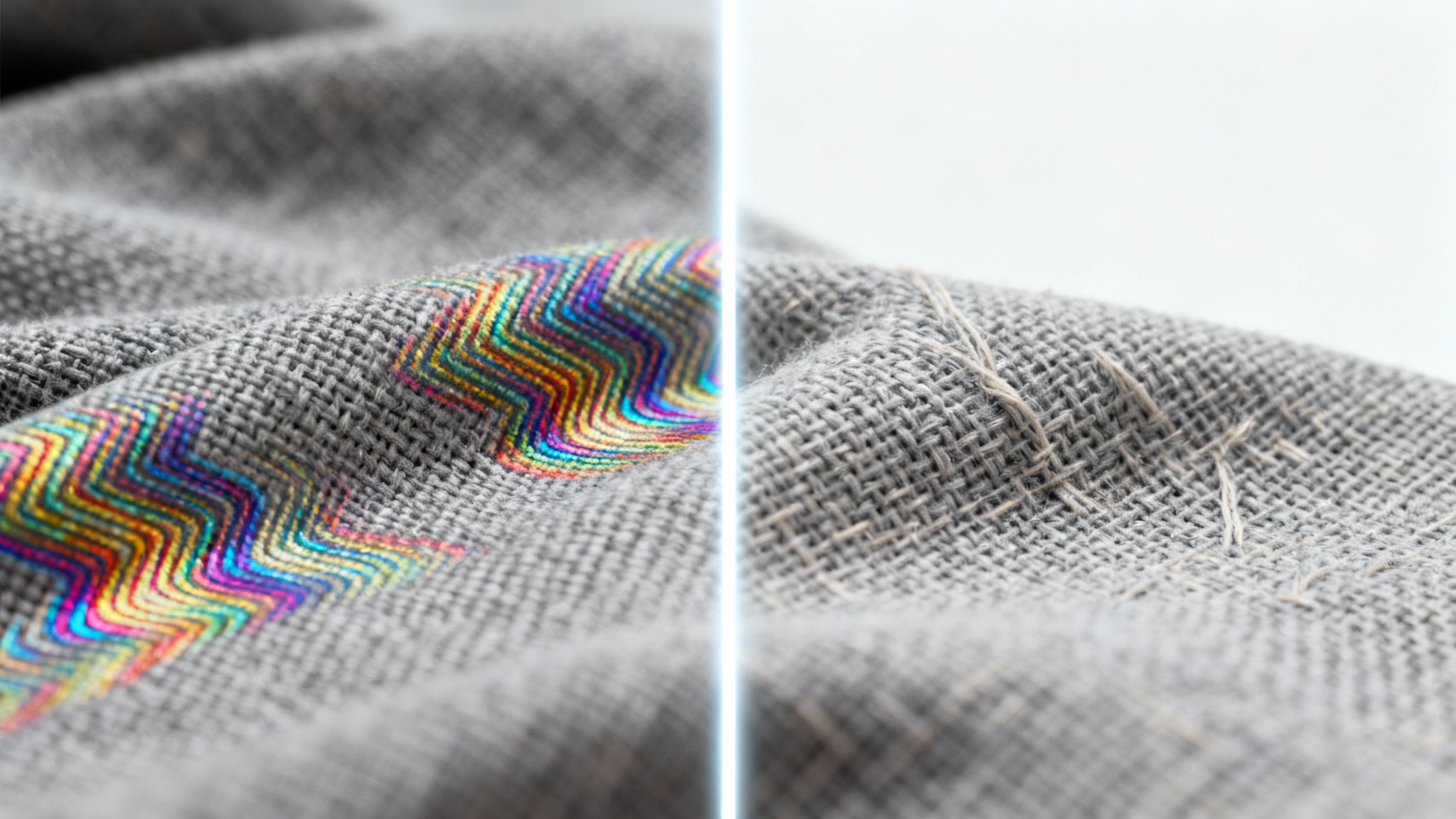 A before-and-after image demonstrating the removal of a moire pattern. The left side shows a photo of fabric distorted by wavy lines, while the right side shows the same photo perfectly clear and sharp.
